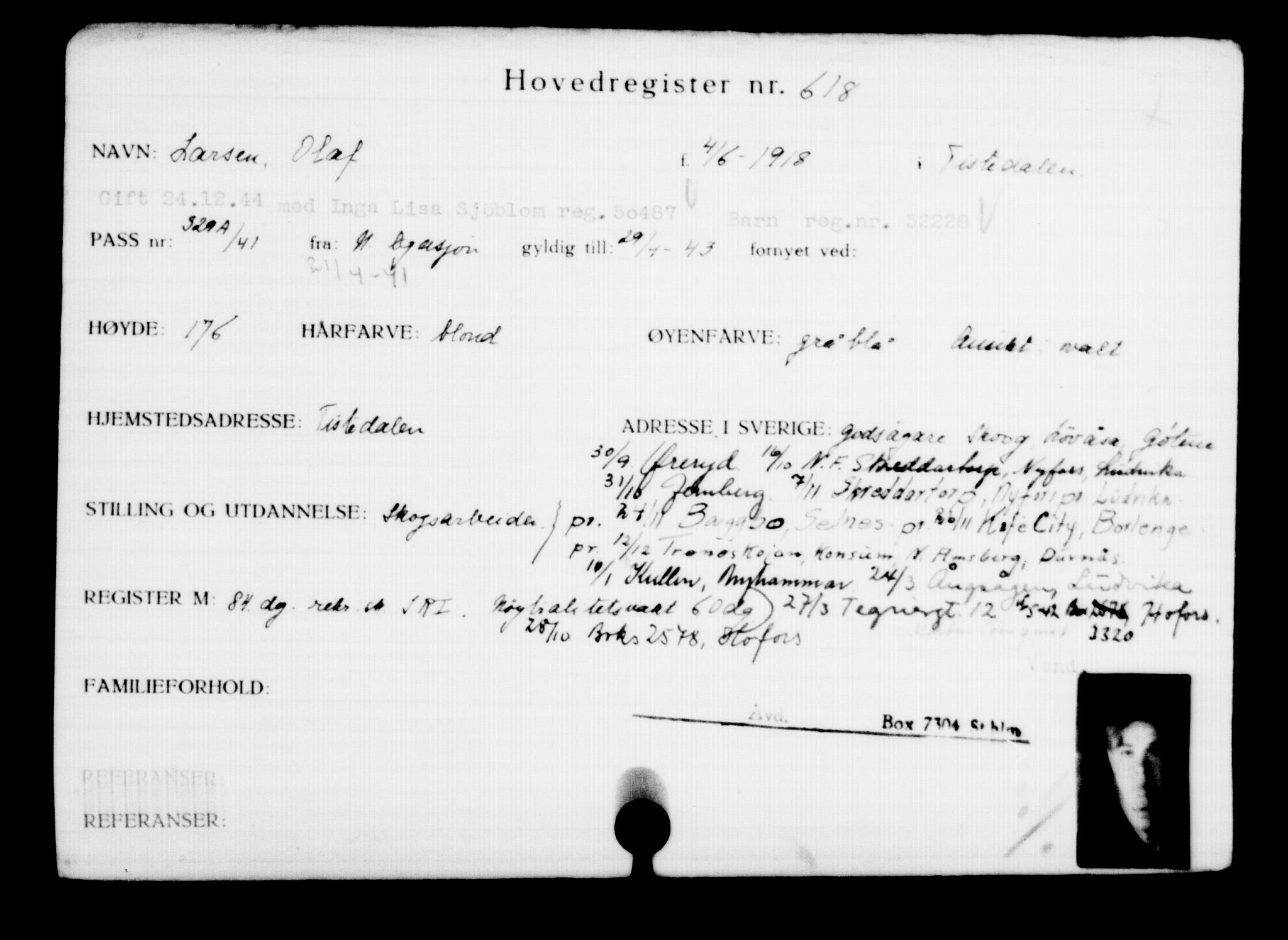 Utenriksstasjonene, Legasjonen i Stockholm, Flyktningkontoret, AV/RA-S-6753/V/Va/L0001: Kjesäterkartoteket, flyktninger med registreringsnr. 1-1000, 1940-1945, s. 968