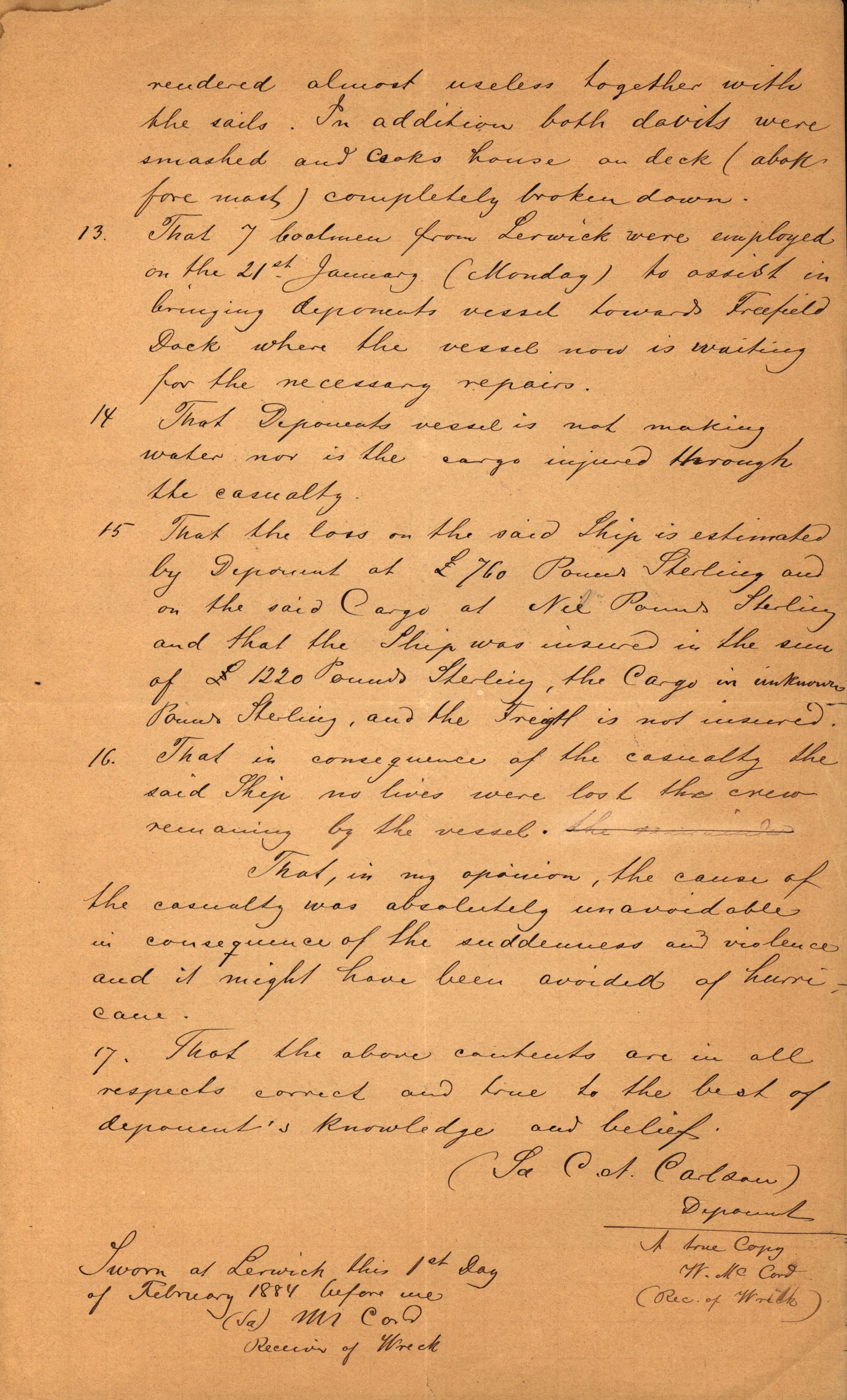 Pa 63 - Østlandske skibsassuranceforening, VEMU/A-1079/G/Ga/L0017/0009: Havaridokumenter / Agnese, Agnes, Adelphia, Kvik, Varnæs, 1884, s. 73