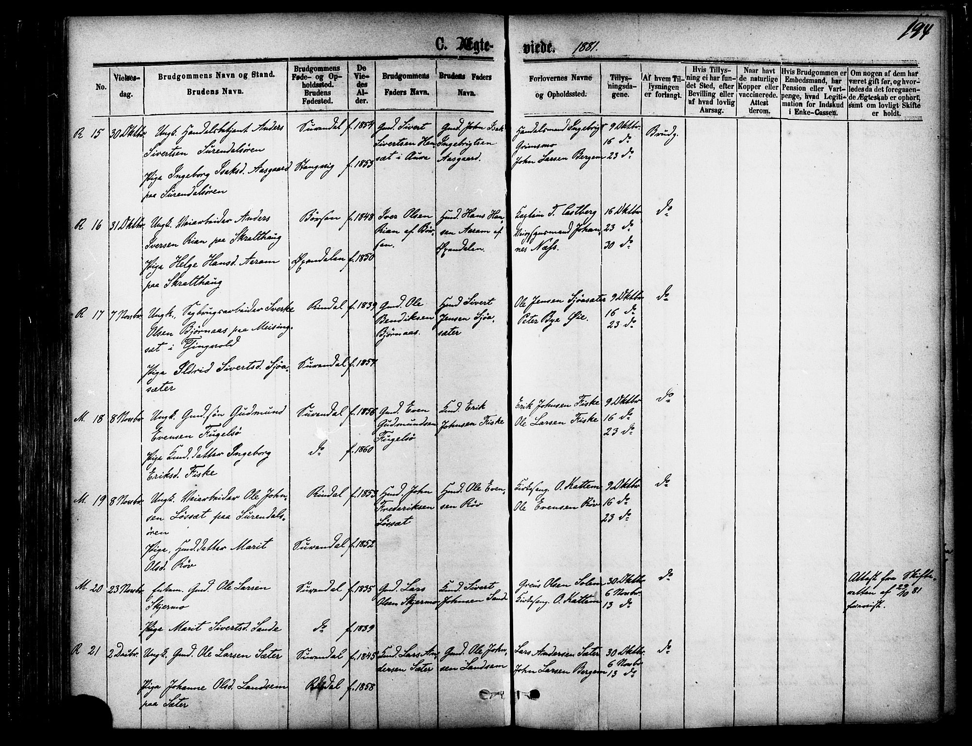 Ministerialprotokoller, klokkerbøker og fødselsregistre - Møre og Romsdal, AV/SAT-A-1454/595/L1046: Ministerialbok nr. 595A08, 1874-1884, s. 194