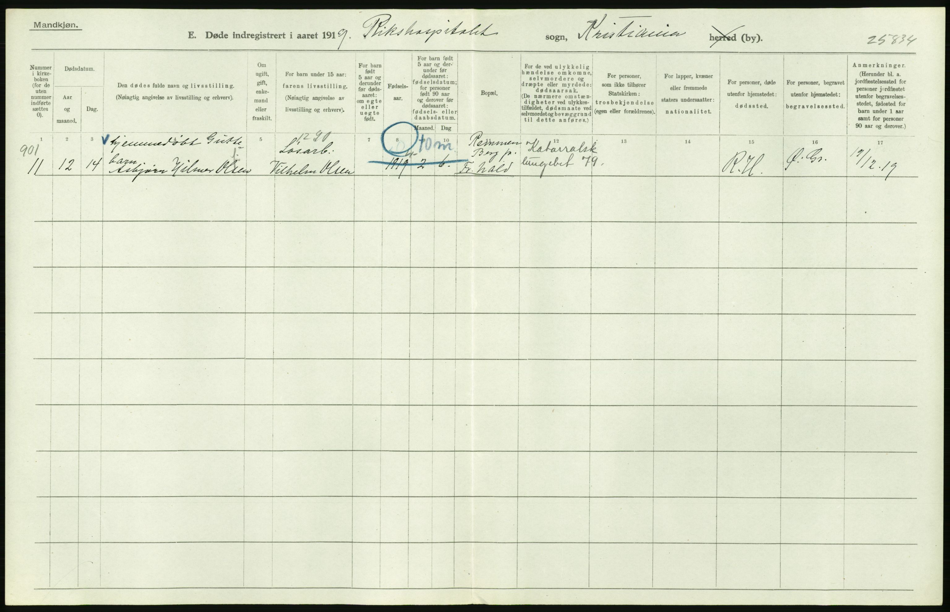 Statistisk sentralbyrå, Sosiodemografiske emner, Befolkning, AV/RA-S-2228/D/Df/Dfb/Dfbi/L0010: Kristiania: Døde, 1919, s. 574