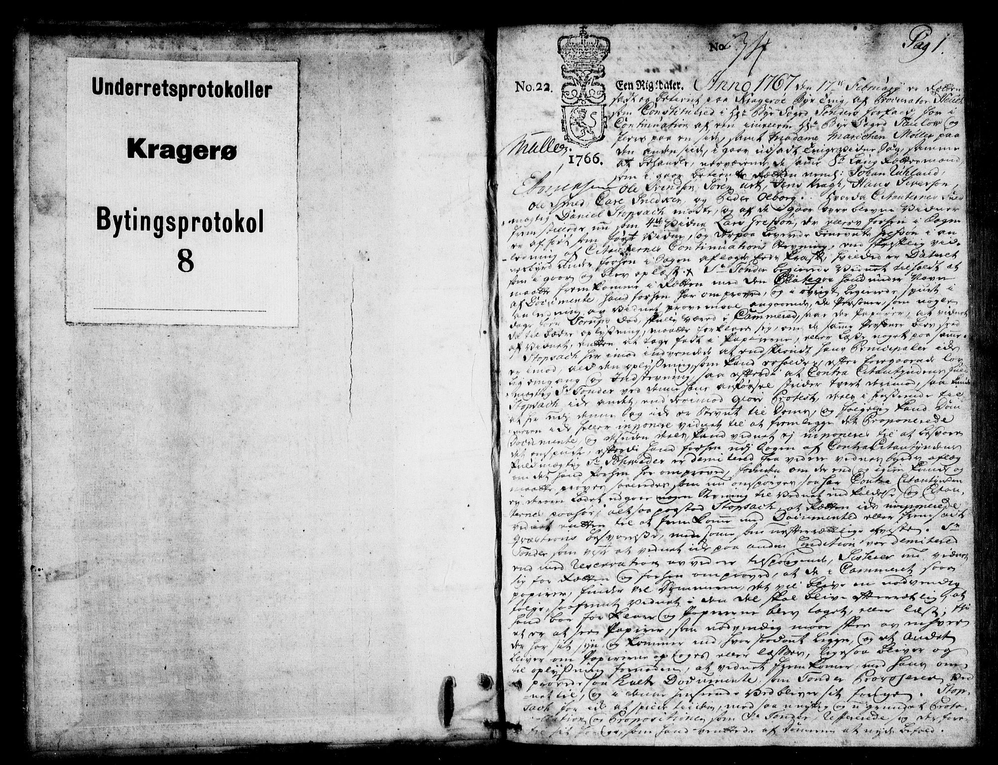 Kragerø byfogd, SAKO/A-215/F/Fa/L0008: Tingbok, 1767-1774, s. 1