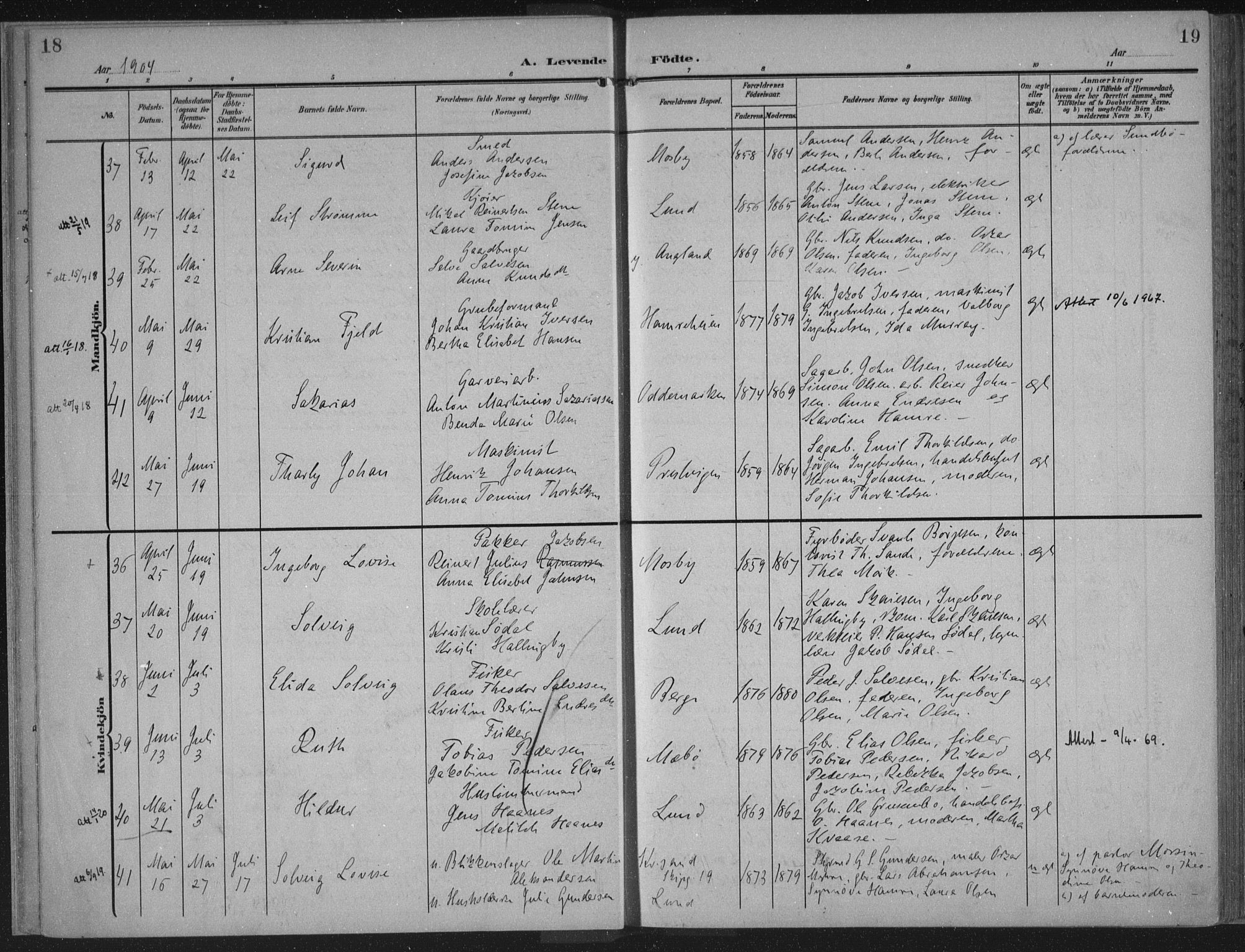 Oddernes sokneprestkontor, AV/SAK-1111-0033/F/Fa/Faa/L0011: Ministerialbok nr. A 11, 1904-1911, s. 18-19