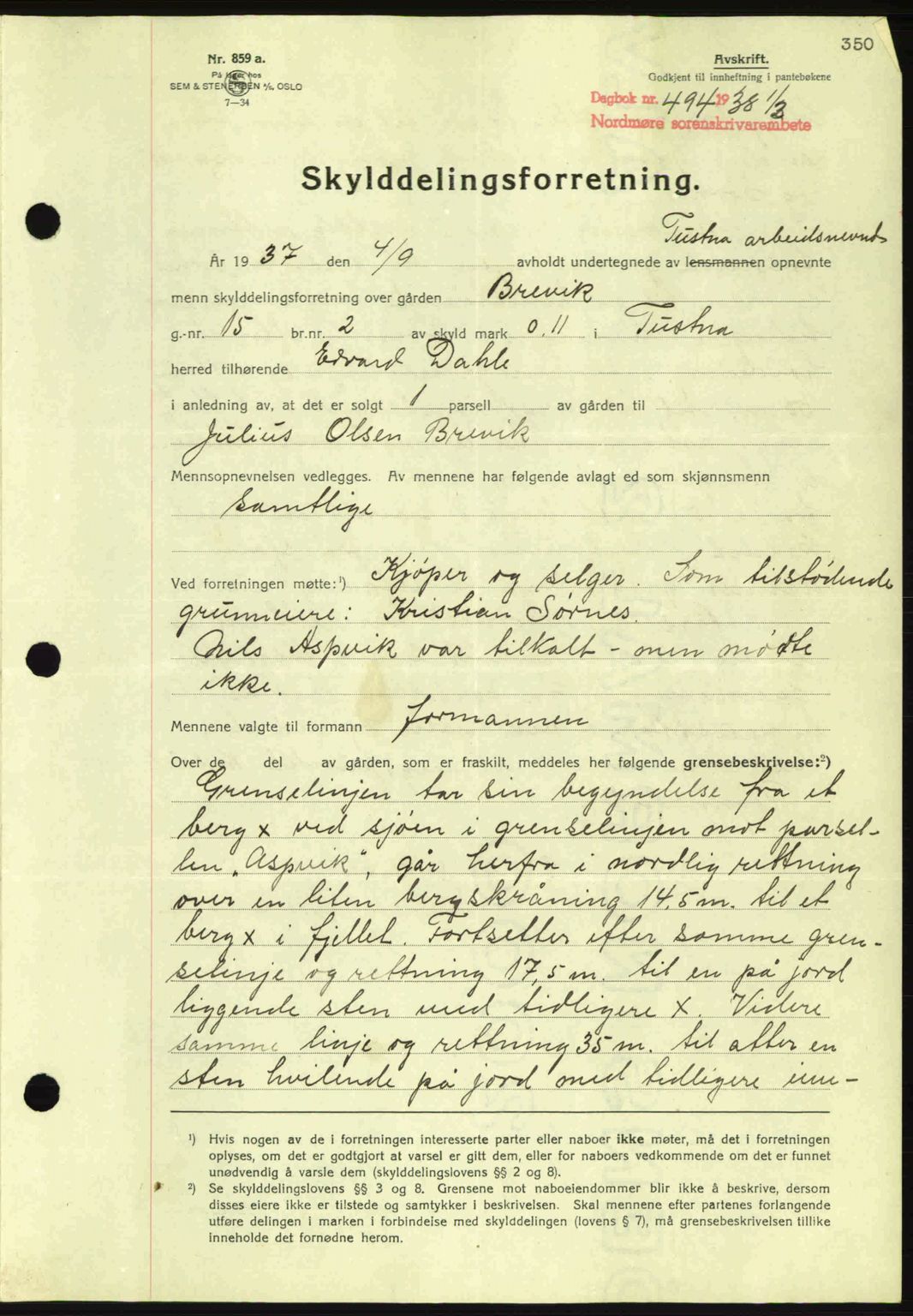 Nordmøre sorenskriveri, SAT/A-4132/1/2/2Ca: Pantebok nr. A83, 1938-1938, Dagboknr: 494/1938