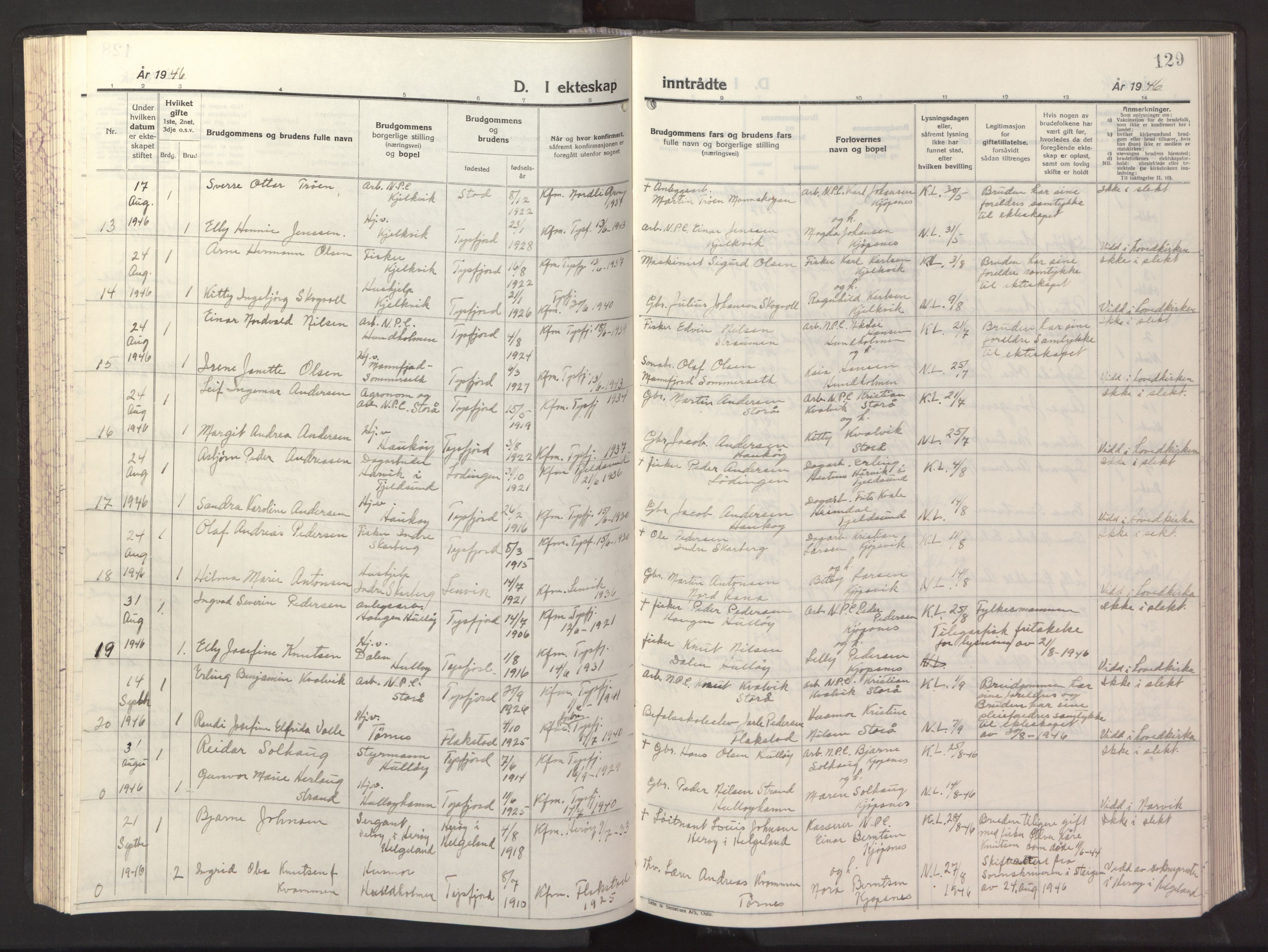 Ministerialprotokoller, klokkerbøker og fødselsregistre - Nordland, AV/SAT-A-1459/861/L0882: Klokkerbok nr. 861C08, 1945-1950, s. 129