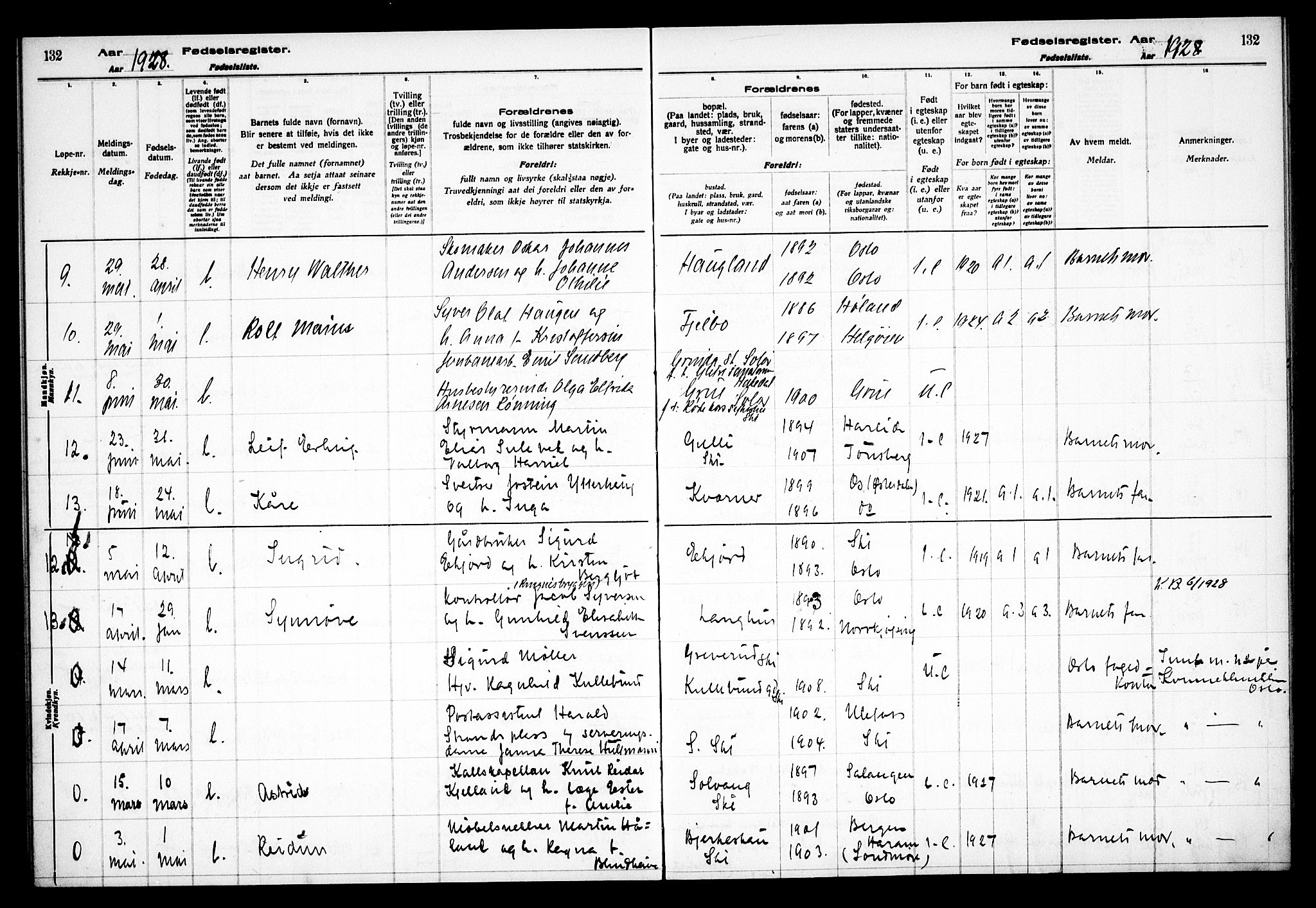 Kråkstad prestekontor Kirkebøker, AV/SAO-A-10125a/J/Jb/L0001: Fødselsregister nr. II 1, 1916-1936, s. 132