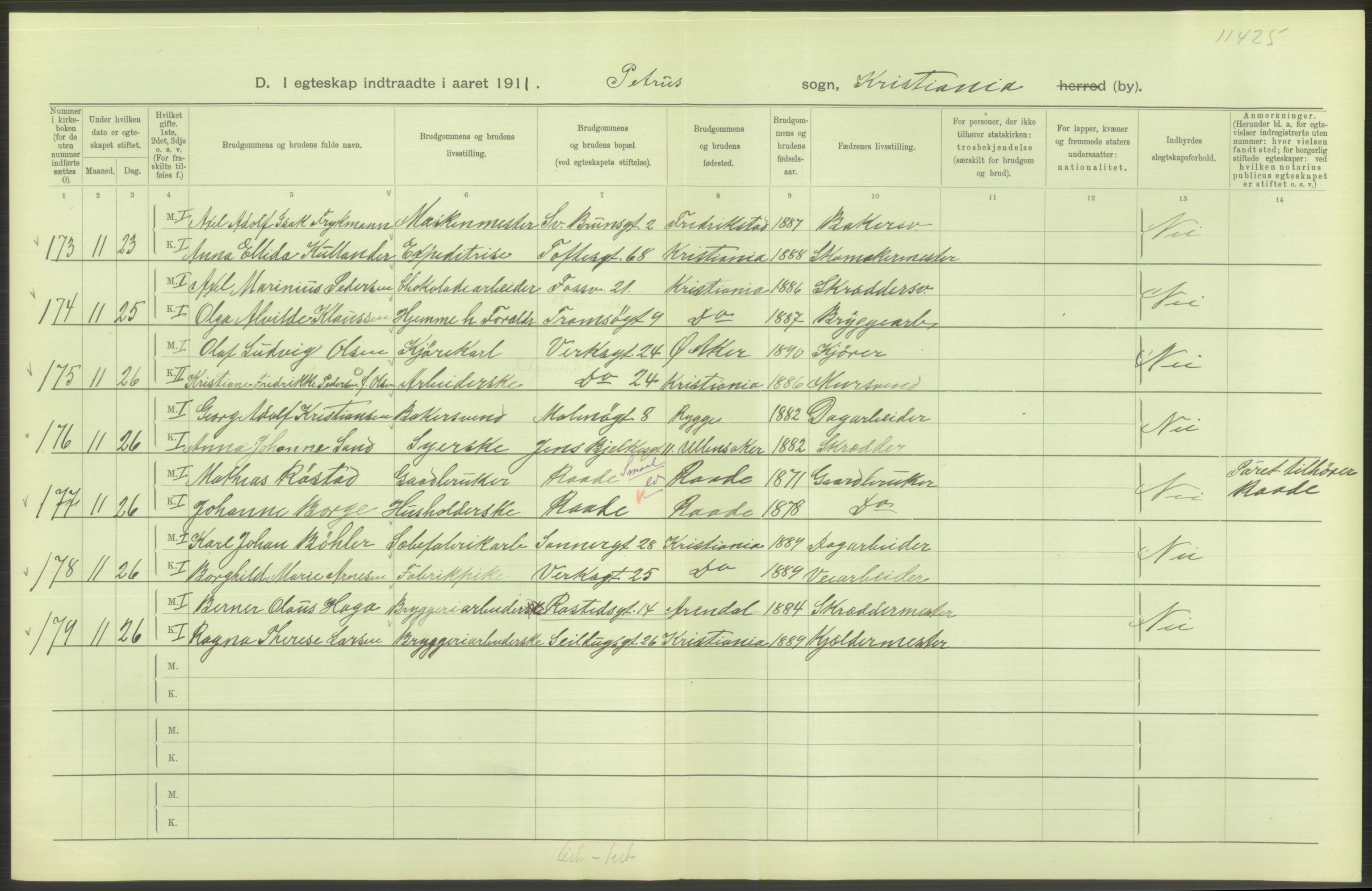 Statistisk sentralbyrå, Sosiodemografiske emner, Befolkning, AV/RA-S-2228/D/Df/Dfb/Dfba/L0008: Kristiania: Gifte, 1911, s. 40