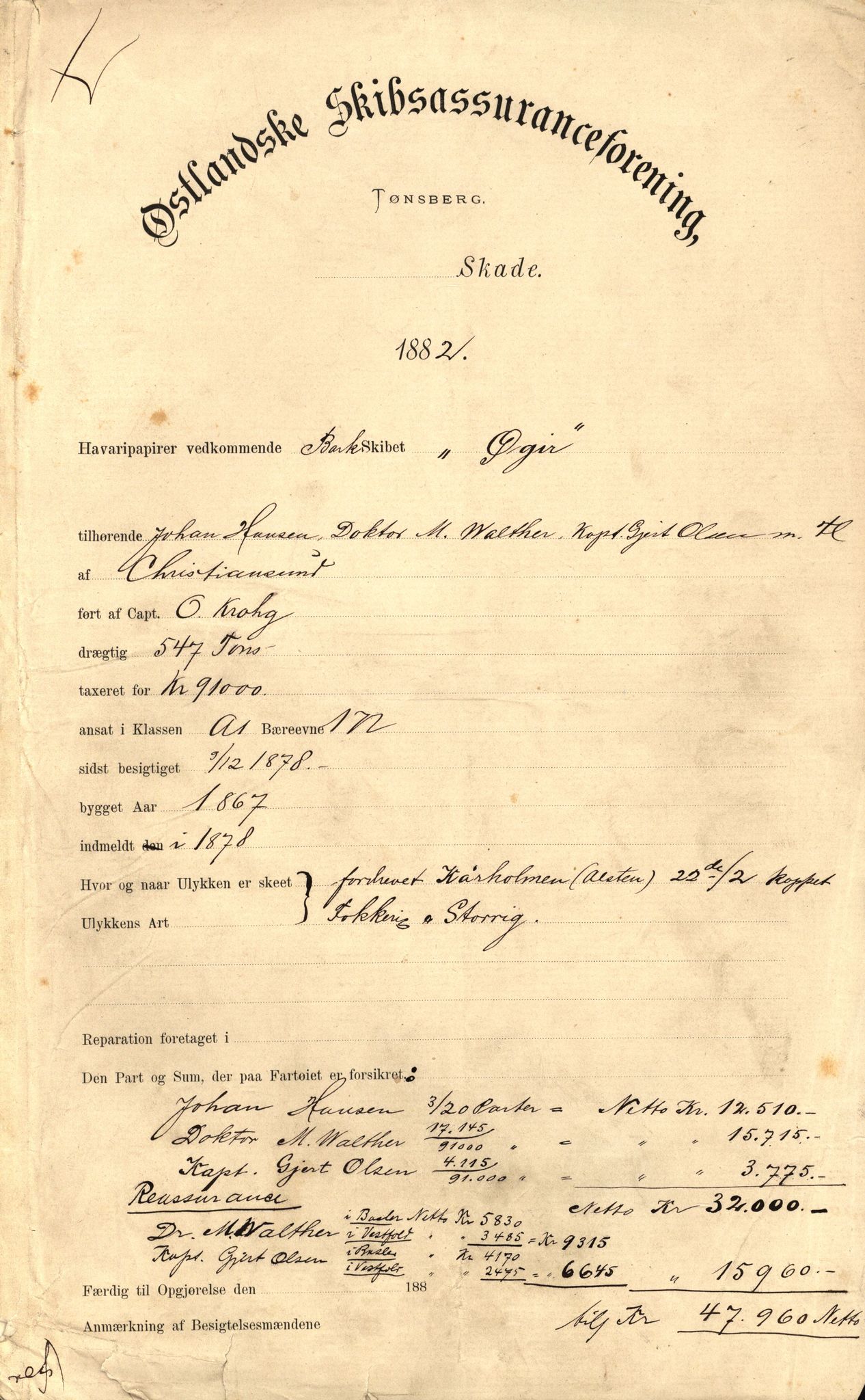 Pa 63 - Østlandske skibsassuranceforening, VEMU/A-1079/G/Ga/L0015/0002: Havaridokumenter / Fredrik Holst, Øgir, Vikingen, Vigilant, 1882, s. 4