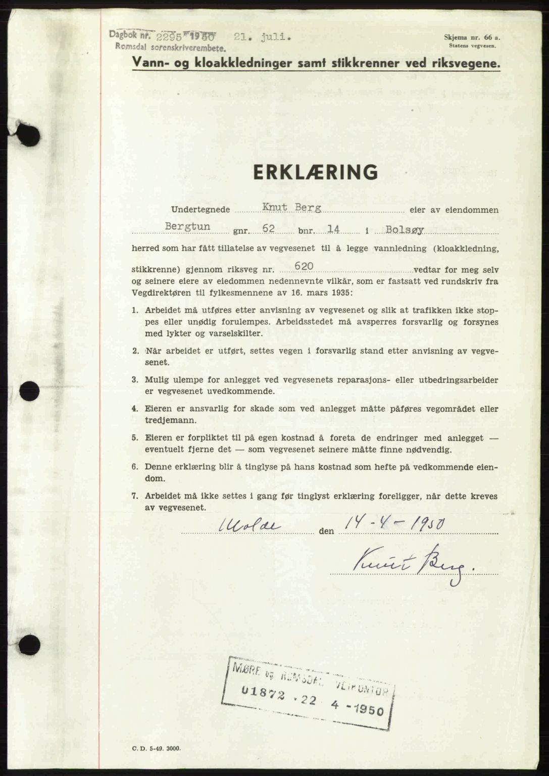 Romsdal sorenskriveri, SAT/A-4149/1/2/2C: Pantebok nr. A34, 1950-1950, Dagboknr: 2295/1950