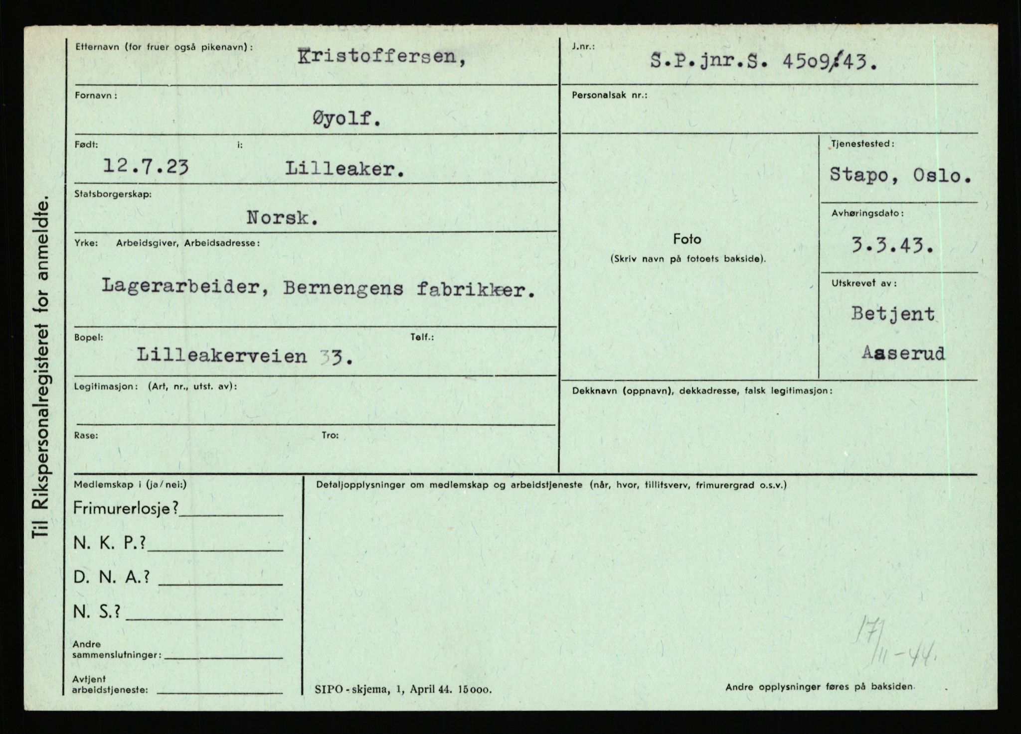 Statspolitiet - Hovedkontoret / Osloavdelingen, AV/RA-S-1329/C/Ca/L0009: Knutsen - Limstrand, 1943-1945, s. 1814