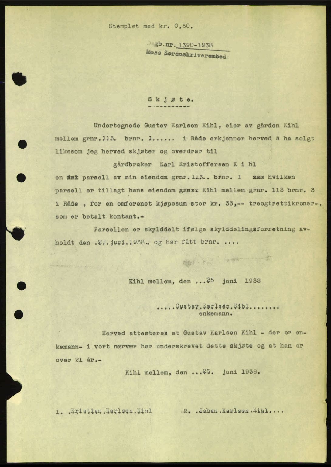 Moss sorenskriveri, SAO/A-10168: Pantebok nr. A4, 1938-1938, Dagboknr: 1390/1938