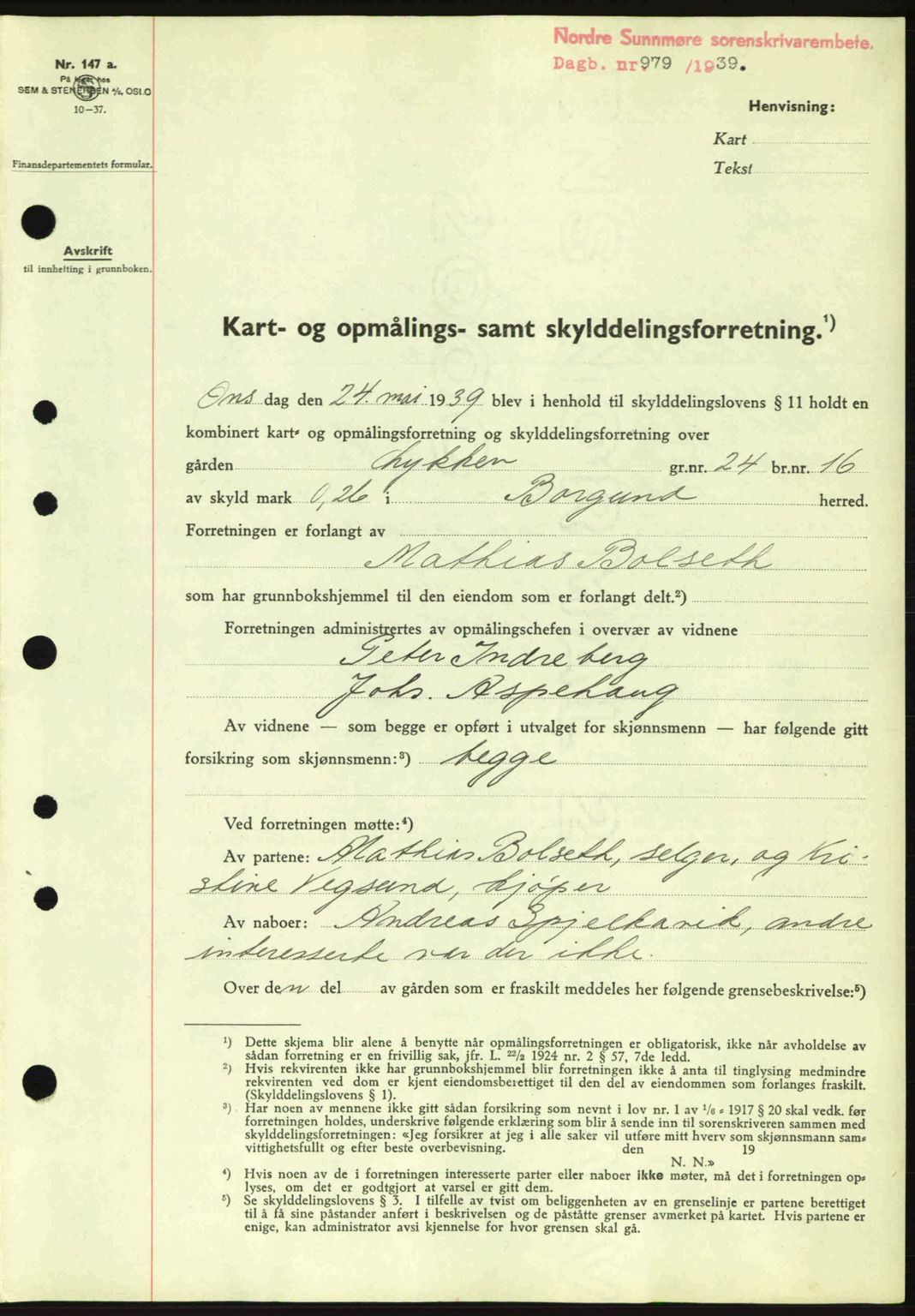 Nordre Sunnmøre sorenskriveri, SAT/A-0006/1/2/2C/2Ca: Pantebok nr. A7, 1939-1939, Dagboknr: 979/1939