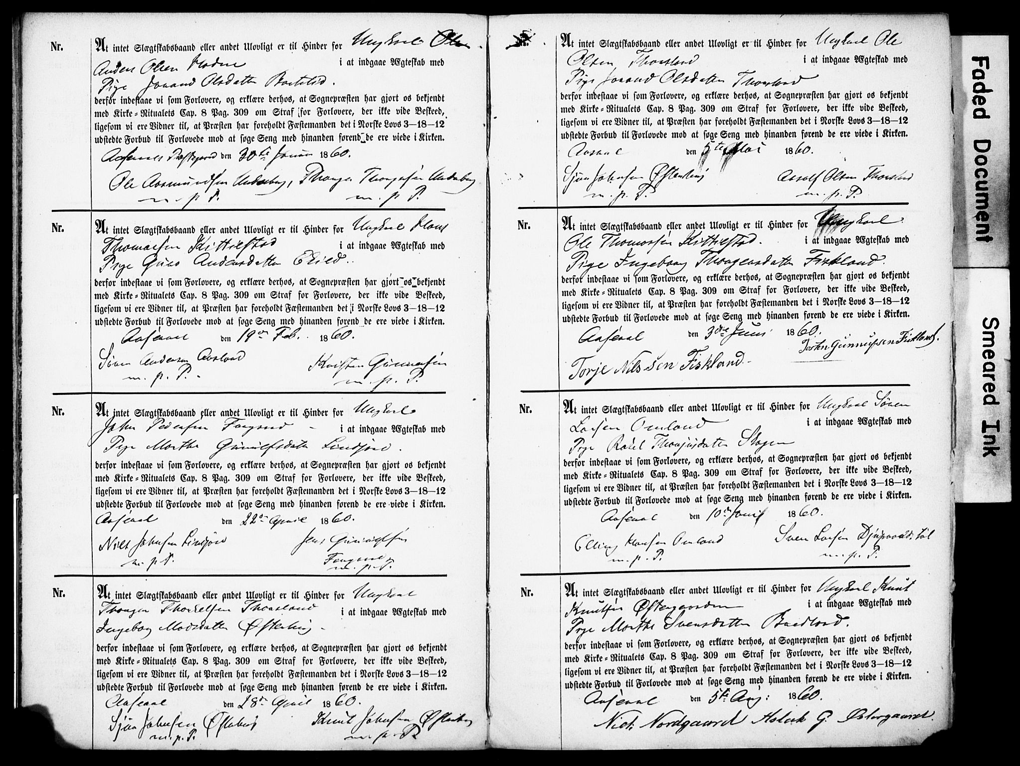 Åseral sokneprestkontor, AV/SAK-1111-0051/F/Fe/L0001: Forlovererklæringer nr. II.5.1, 1858-1911