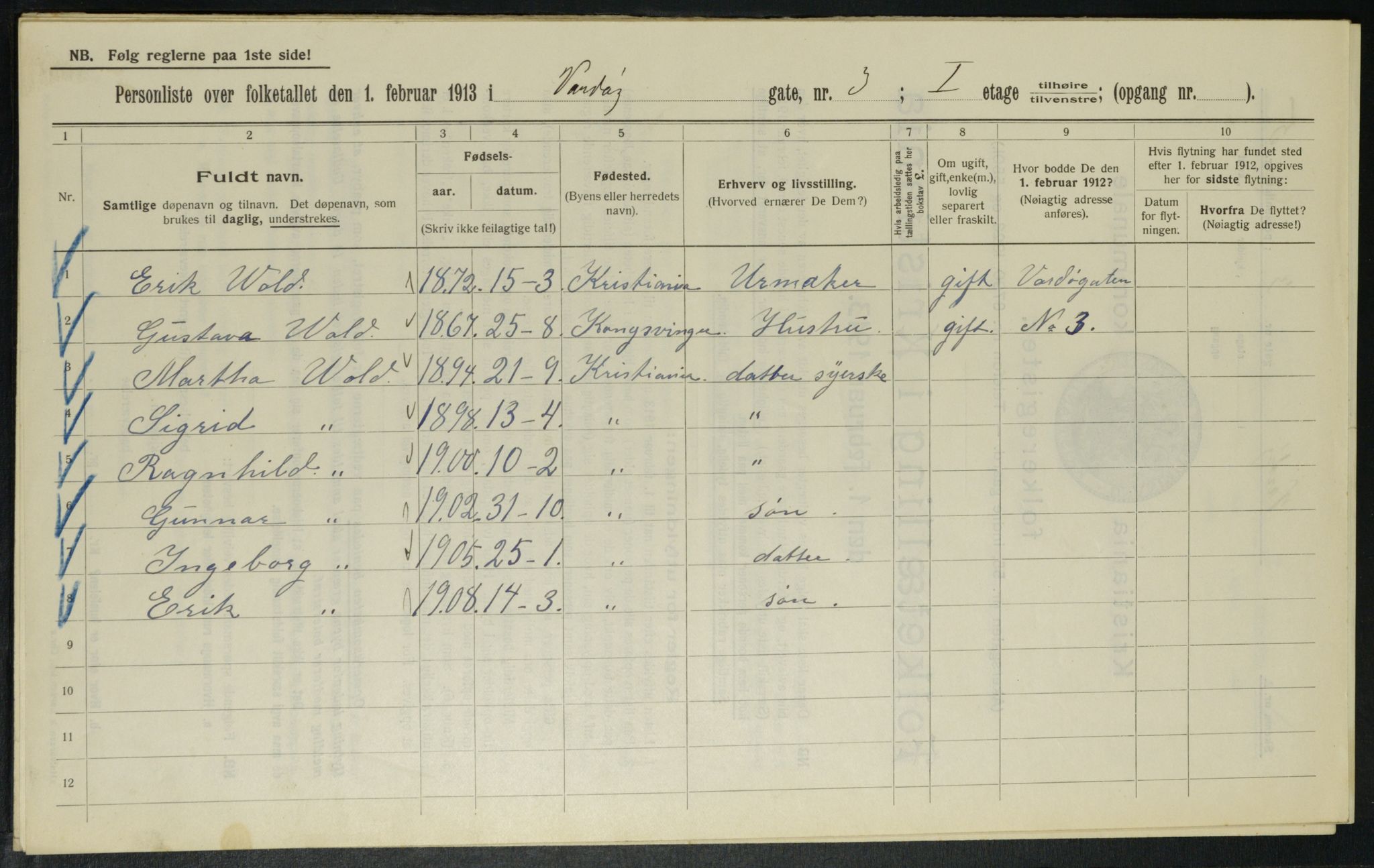 OBA, Kommunal folketelling 1.2.1913 for Kristiania, 1913, s. 121743