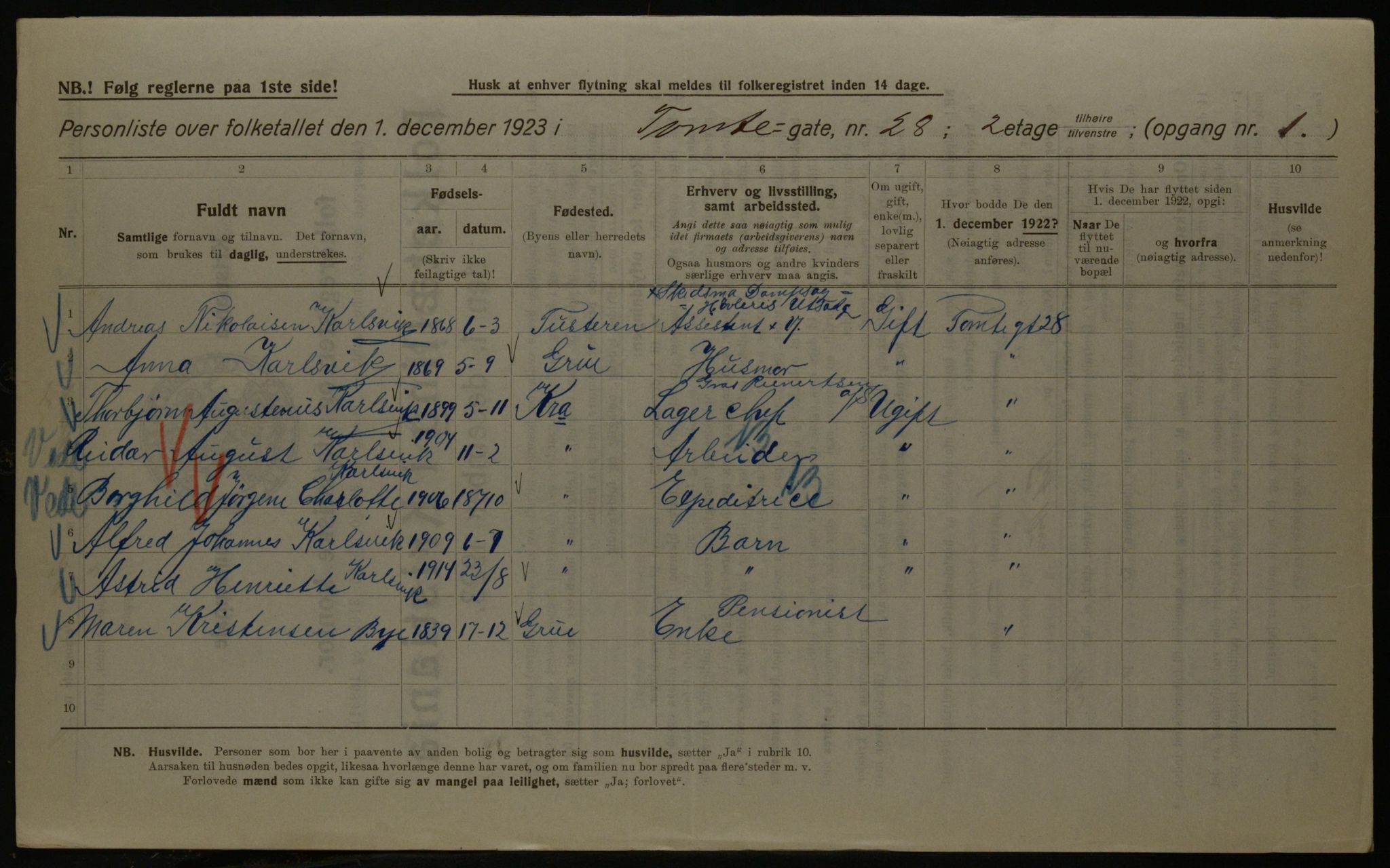 OBA, Kommunal folketelling 1.12.1923 for Kristiania, 1923, s. 125501