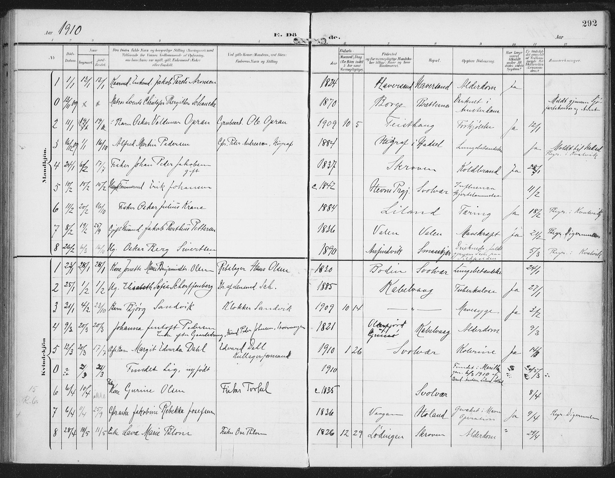 Ministerialprotokoller, klokkerbøker og fødselsregistre - Nordland, AV/SAT-A-1459/874/L1063: Ministerialbok nr. 874A07, 1907-1915, s. 292