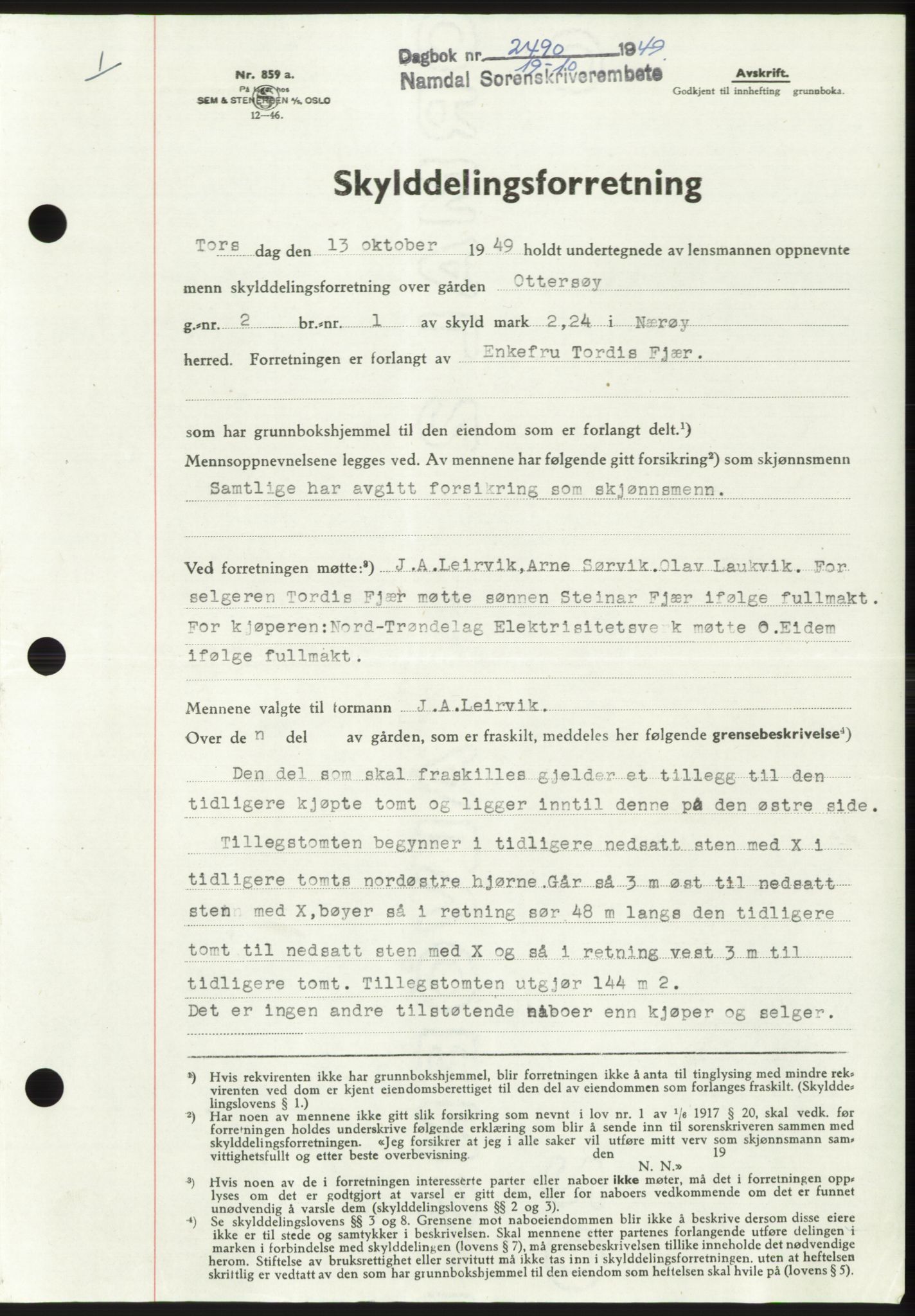 Namdal sorenskriveri, SAT/A-4133/1/2/2C: Pantebok nr. -, 1949-1949, Dagboknr: 2490/1949