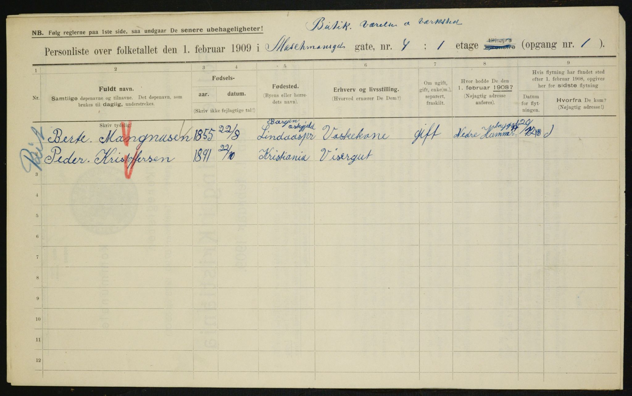 OBA, Kommunal folketelling 1.2.1909 for Kristiania kjøpstad, 1909, s. 58833