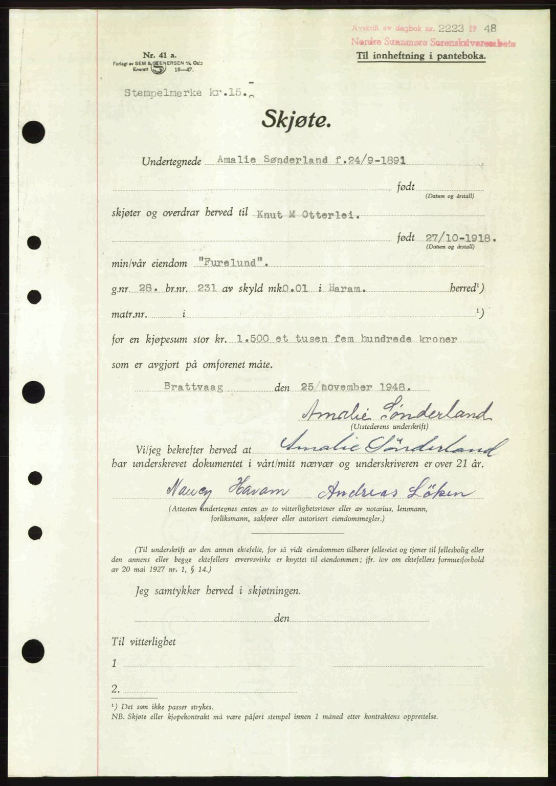 Nordre Sunnmøre sorenskriveri, SAT/A-0006/1/2/2C/2Ca: Pantebok nr. A29, 1948-1949, Dagboknr: 2223/1948