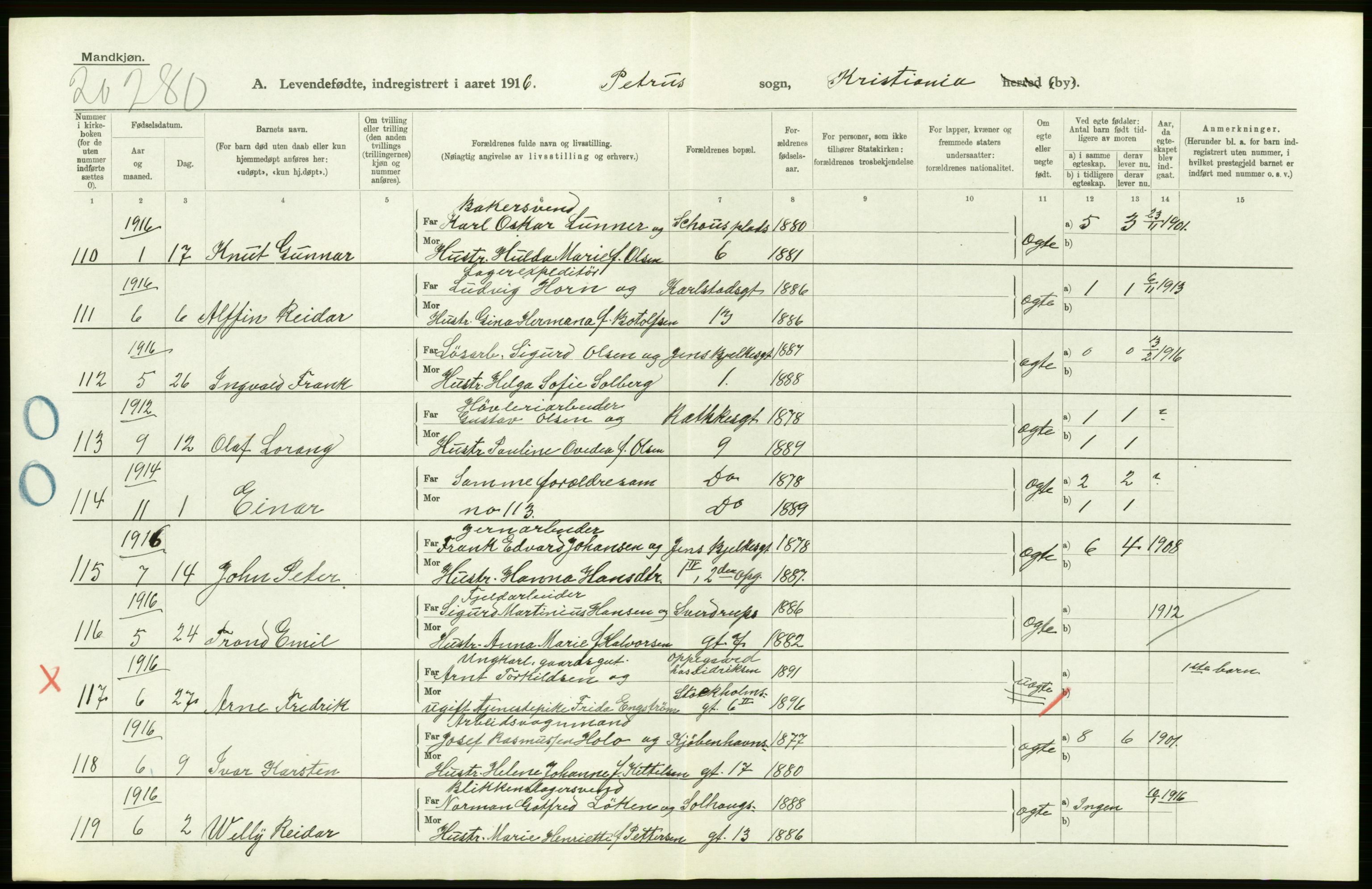 Statistisk sentralbyrå, Sosiodemografiske emner, Befolkning, AV/RA-S-2228/D/Df/Dfb/Dfbf/L0006: Kristiania: Levendefødte menn og kvinner., 1916, s. 572