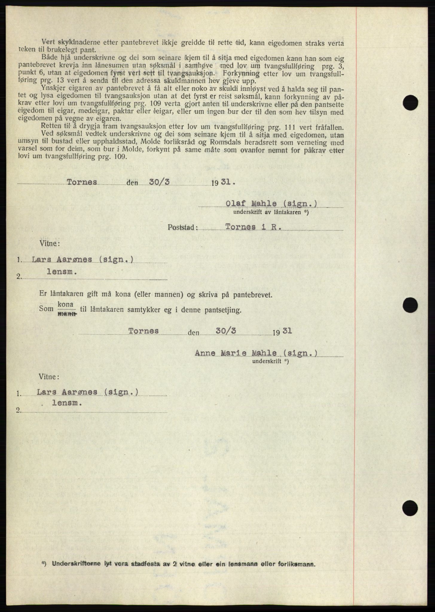 Romsdal sorenskriveri, AV/SAT-A-4149/1/2/2C/L0059: Pantebok nr. 53, 1931-1931, Tingl.dato: 20.04.1931