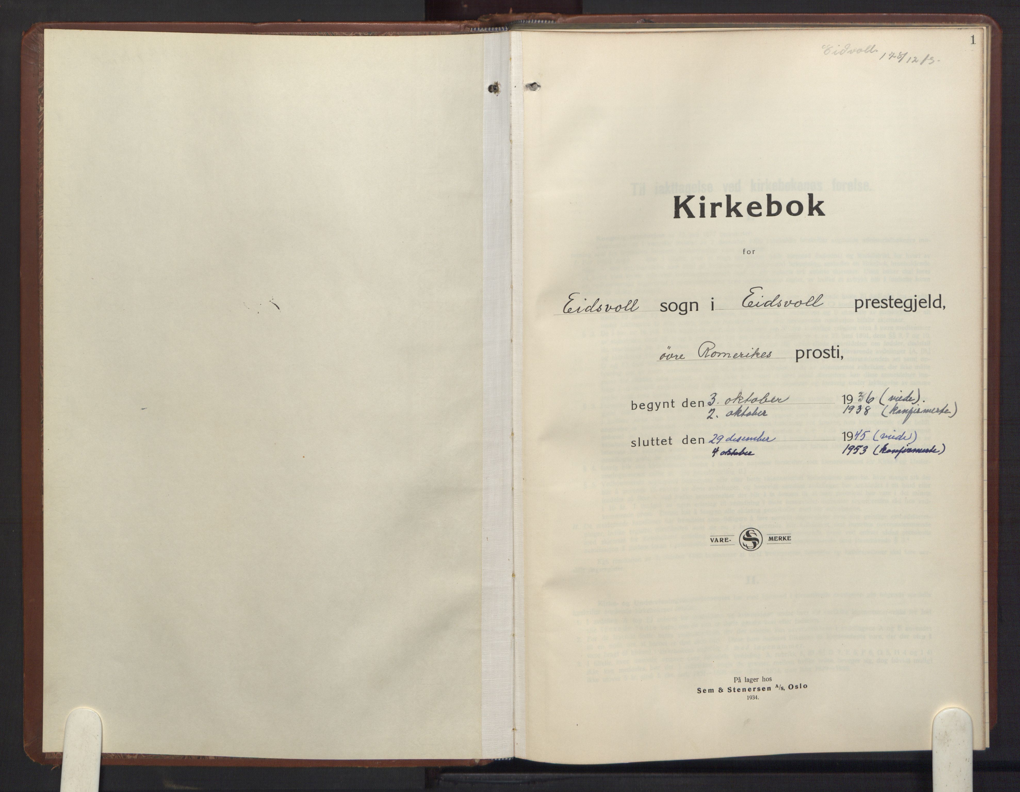 Eidsvoll prestekontor Kirkebøker, SAO/A-10888/G/Ga/L0013: Klokkerbok nr. I 13, 1936-1953, s. 1