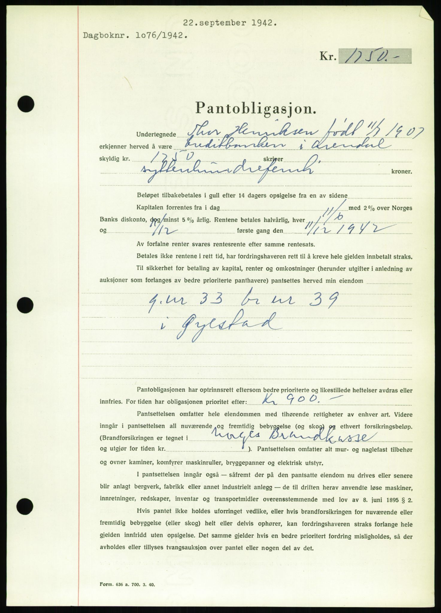 Nedenes sorenskriveri, SAK/1221-0006/G/Gb/Gbb/L0002: Pantebok nr. II, 1942-1945, Dagboknr: 1076/1942