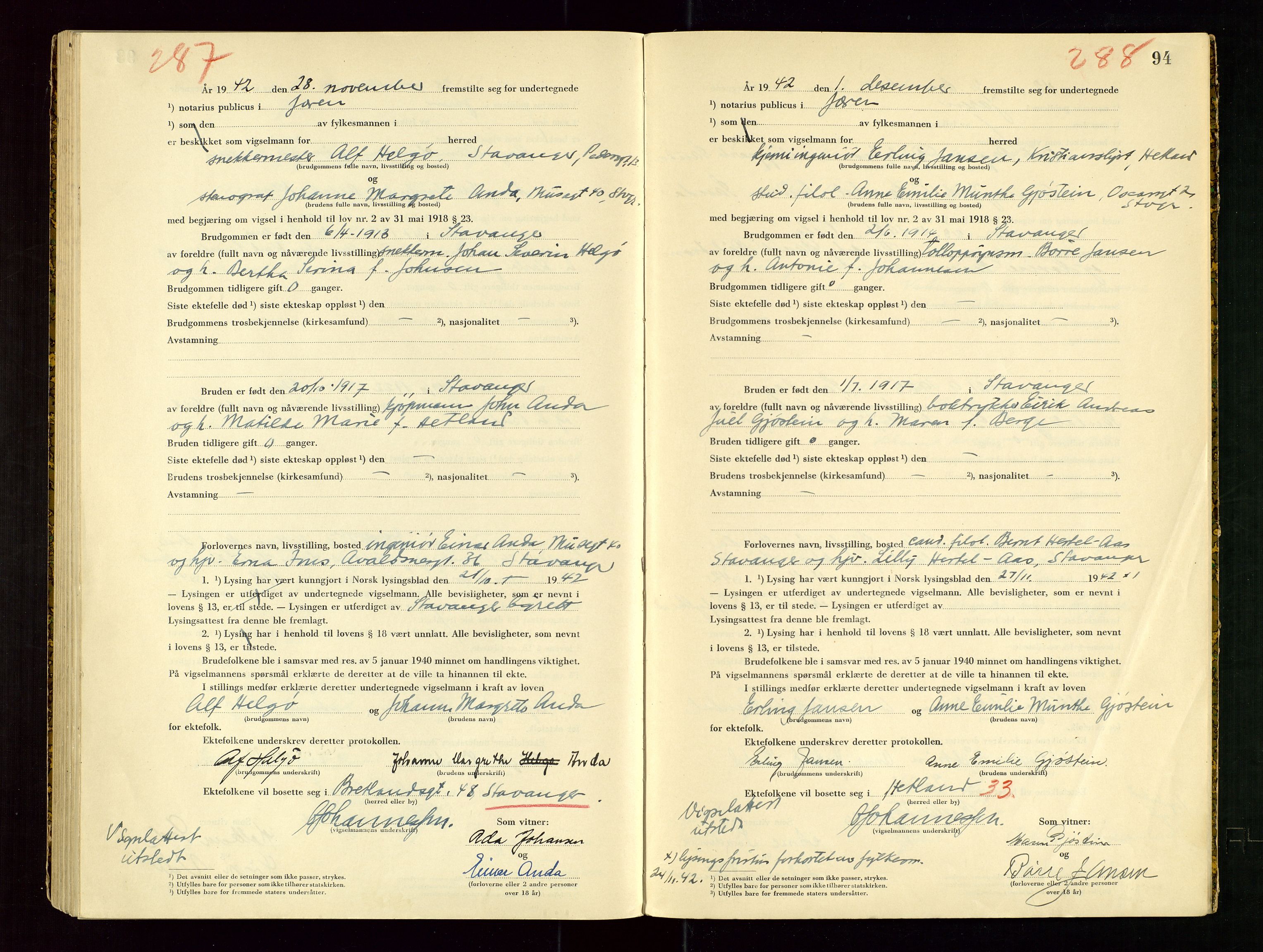 Jæren sorenskriveri, AV/SAST-A-100310/01/6/62/62BA/L0003: VIGSELSPROTOKOLL, 1942, s. 94