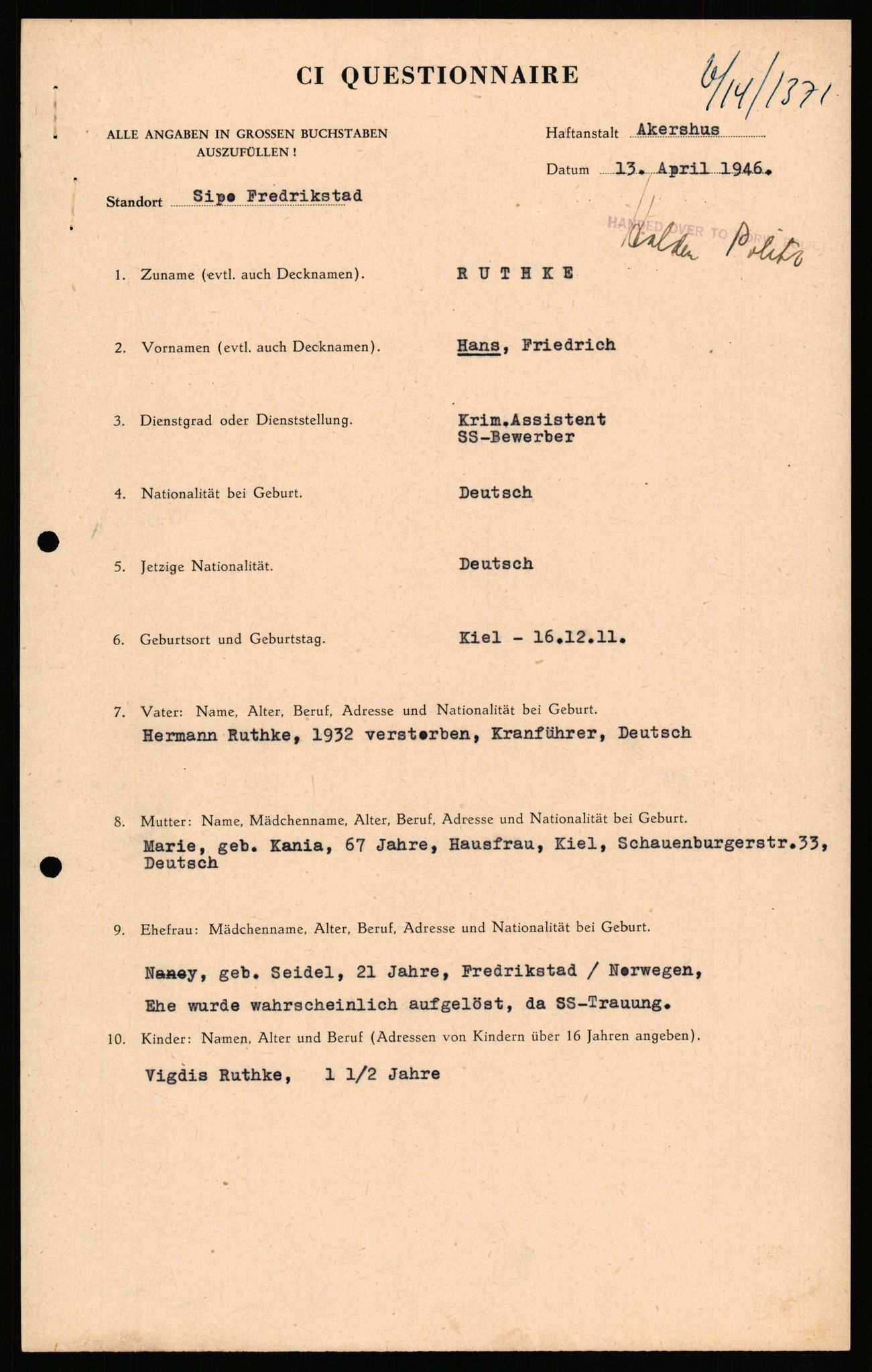 Forsvaret, Forsvarets overkommando II, AV/RA-RAFA-3915/D/Db/L0028: CI Questionaires. Tyske okkupasjonsstyrker i Norge. Tyskere., 1945-1946, s. 285