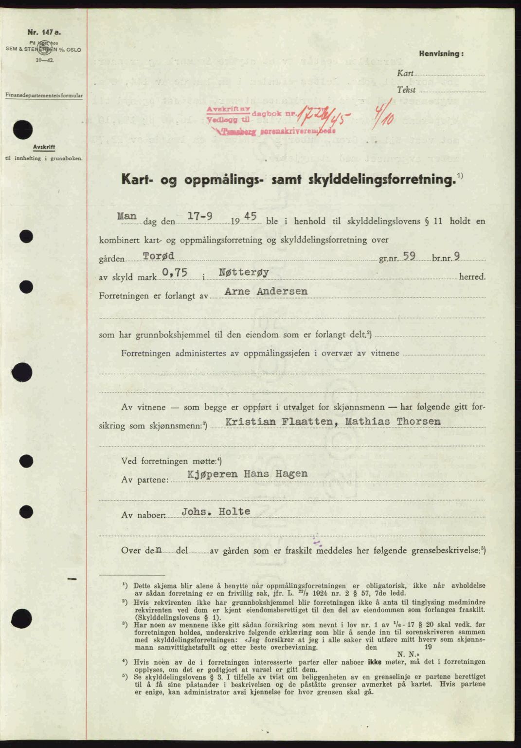 Tønsberg sorenskriveri, AV/SAKO-A-130/G/Ga/Gaa/L0017a: Pantebok nr. A17a, 1945-1945, Dagboknr: 1726/1945