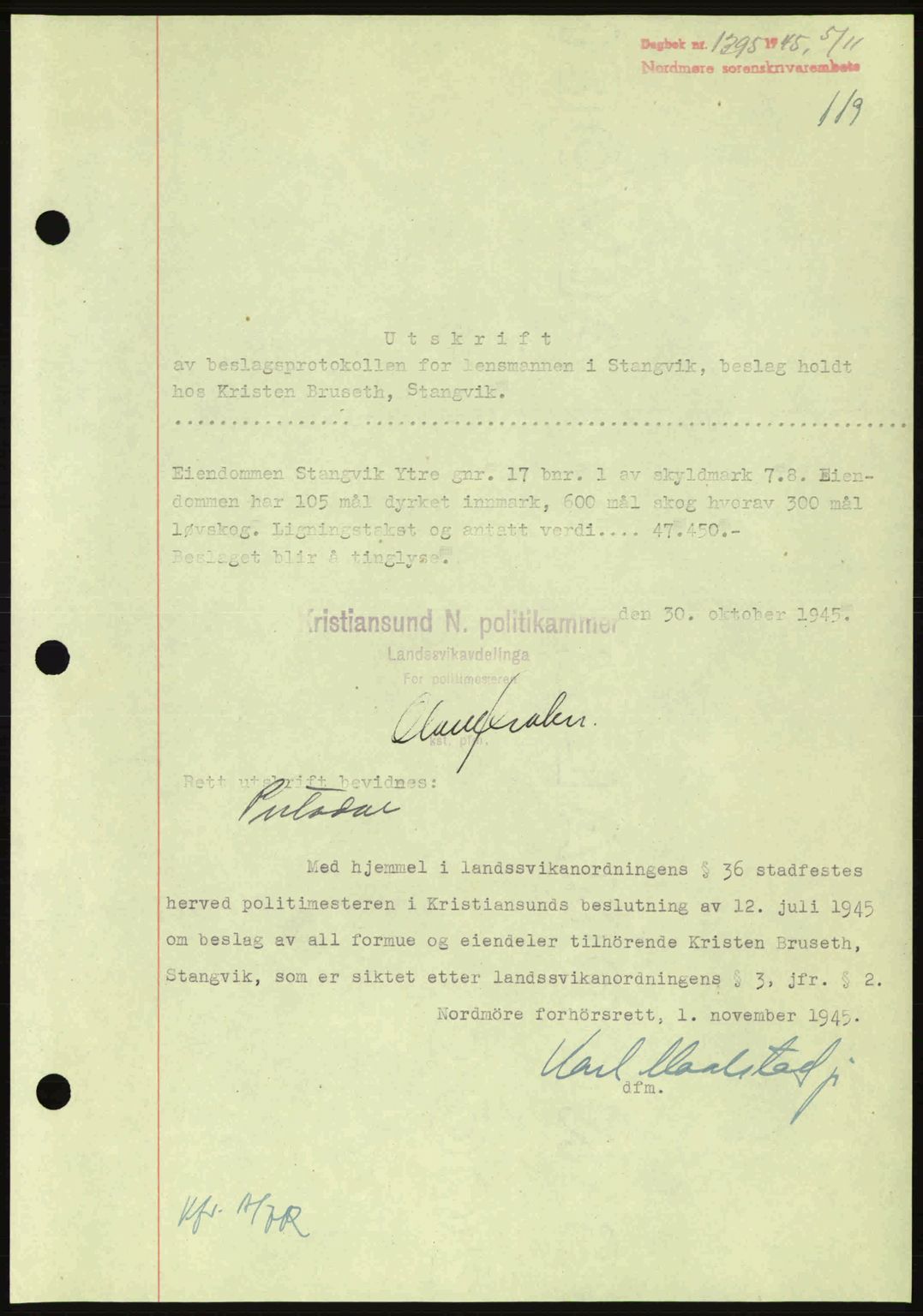 Nordmøre sorenskriveri, AV/SAT-A-4132/1/2/2Ca: Pantebok nr. B93a, 1945-1945, Dagboknr: 1395/1945