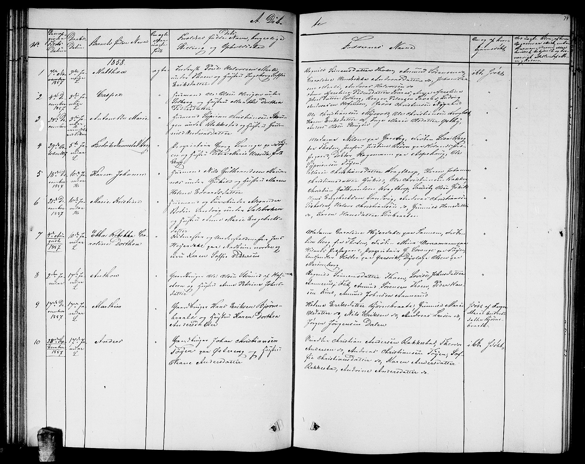 Høland prestekontor Kirkebøker, AV/SAO-A-10346a/G/Ga/L0004: Klokkerbok nr. I 4, 1854-1862, s. 74