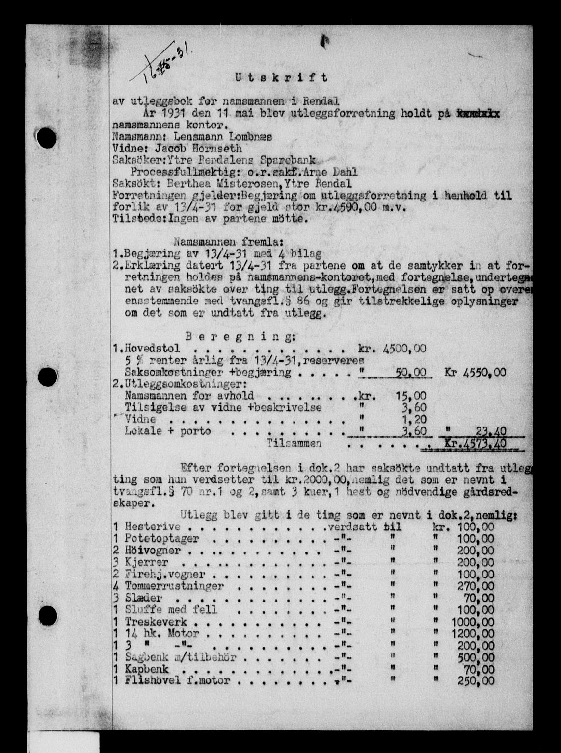 Nord-Østerdal tingrett, AV/SAH-TING-020/H/Hb/Hba/L0045: Pantebok nr. 45, 1931-1931, Tingl.dato: 16.05.1931