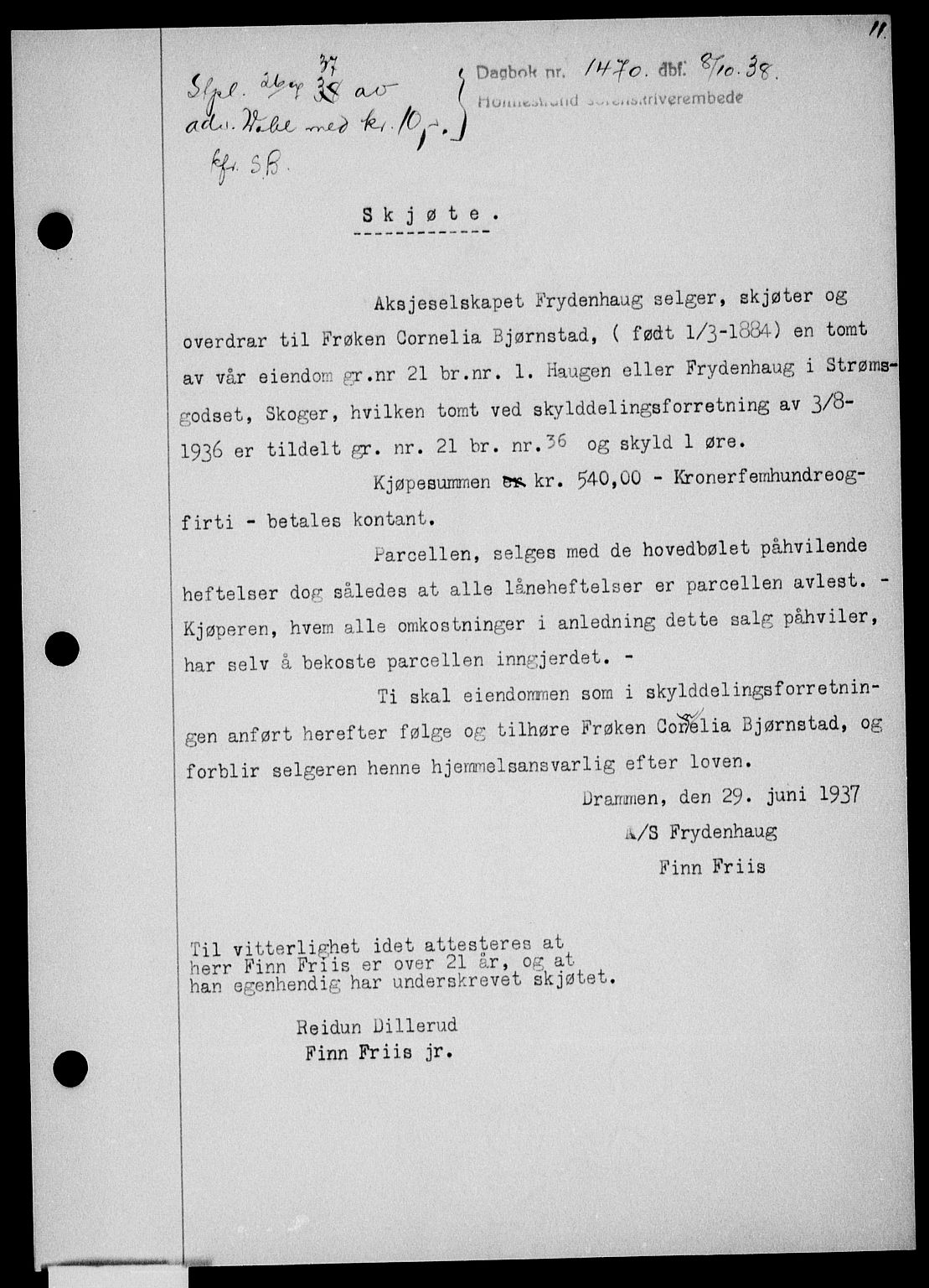 Holmestrand sorenskriveri, SAKO/A-67/G/Ga/Gaa/L0050: Pantebok nr. A-50, 1938-1939, Dagboknr: 1470/1938