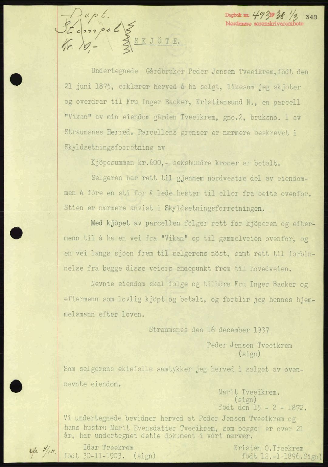 Nordmøre sorenskriveri, SAT/A-4132/1/2/2Ca: Pantebok nr. A83, 1938-1938, Dagboknr: 493/1938