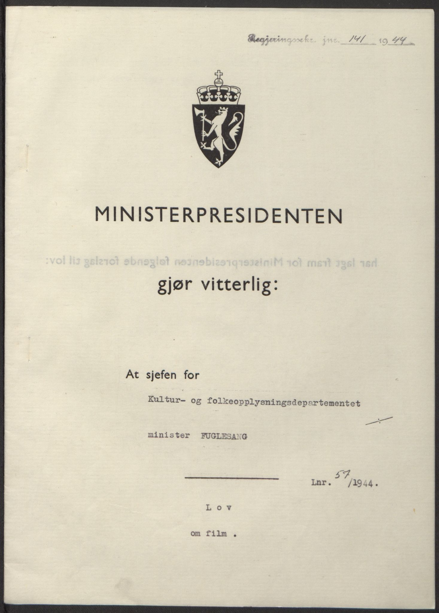 NS-administrasjonen 1940-1945 (Statsrådsekretariatet, de kommisariske statsråder mm), AV/RA-S-4279/D/Db/L0100: Lover, 1944, s. 264