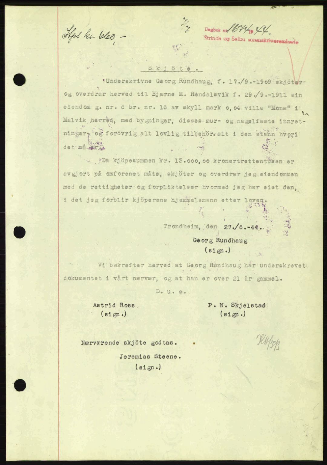 Strinda og Selbu sorenskriveri, SAT/A-0015/2/2C: Pantebok nr. A9, 1944-1945, Dagboknr: 1674/1944