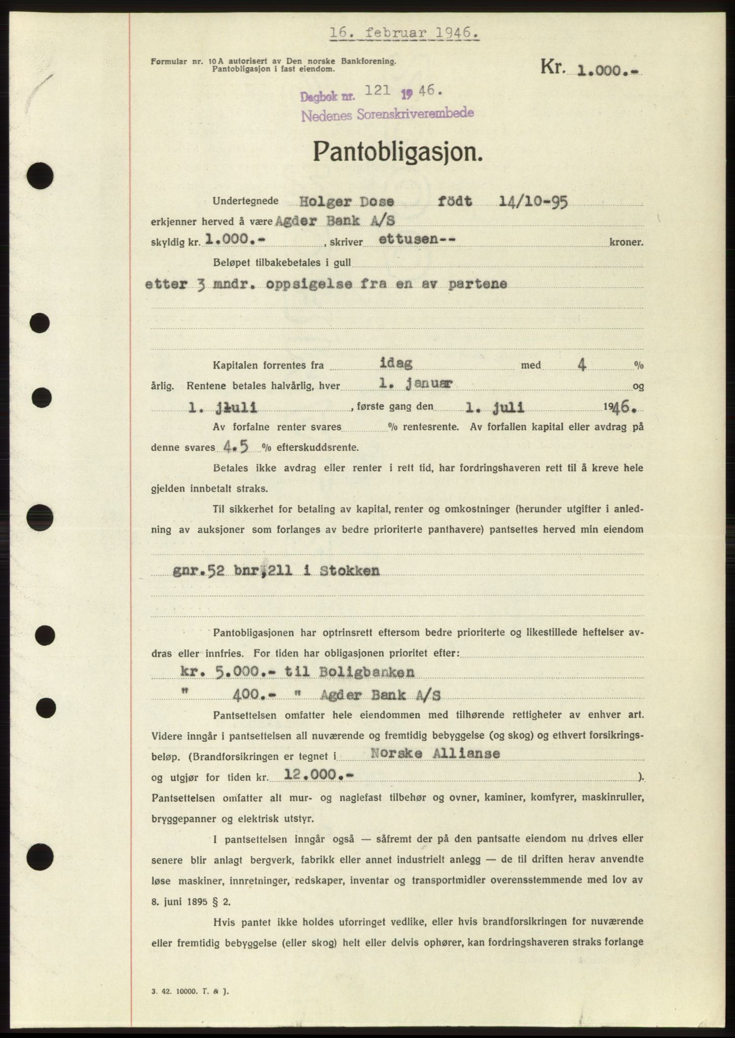 Nedenes sorenskriveri, SAK/1221-0006/G/Gb/Gbb/L0003: Pantebok nr. B3b, 1946-1946, Dagboknr: 121/1946