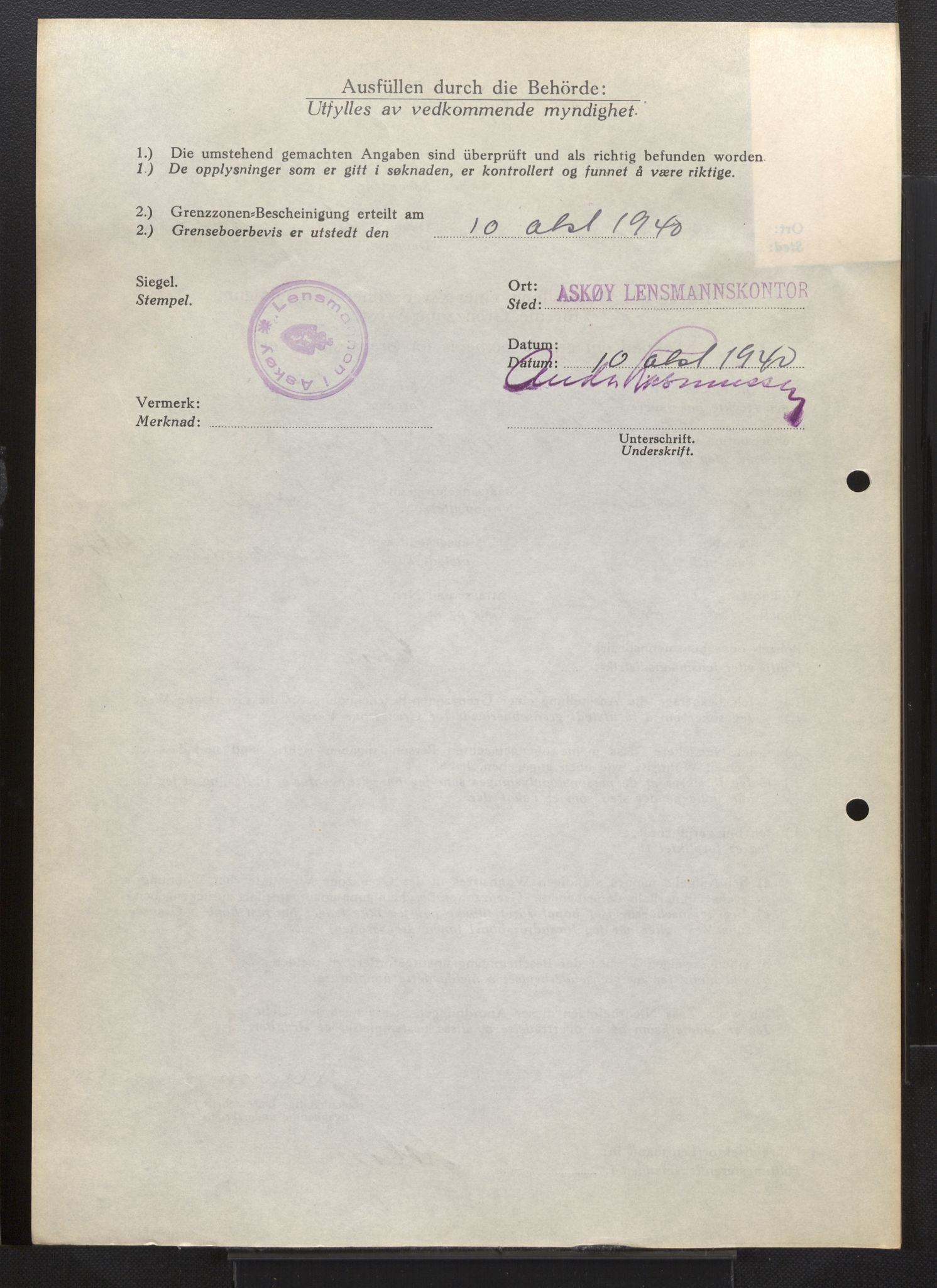 Lensmannen i Askøy, AV/SAB-A-31001/0026/L0005: Søknader om grensebuarbevis 851 - 1275, 1940, s. 584