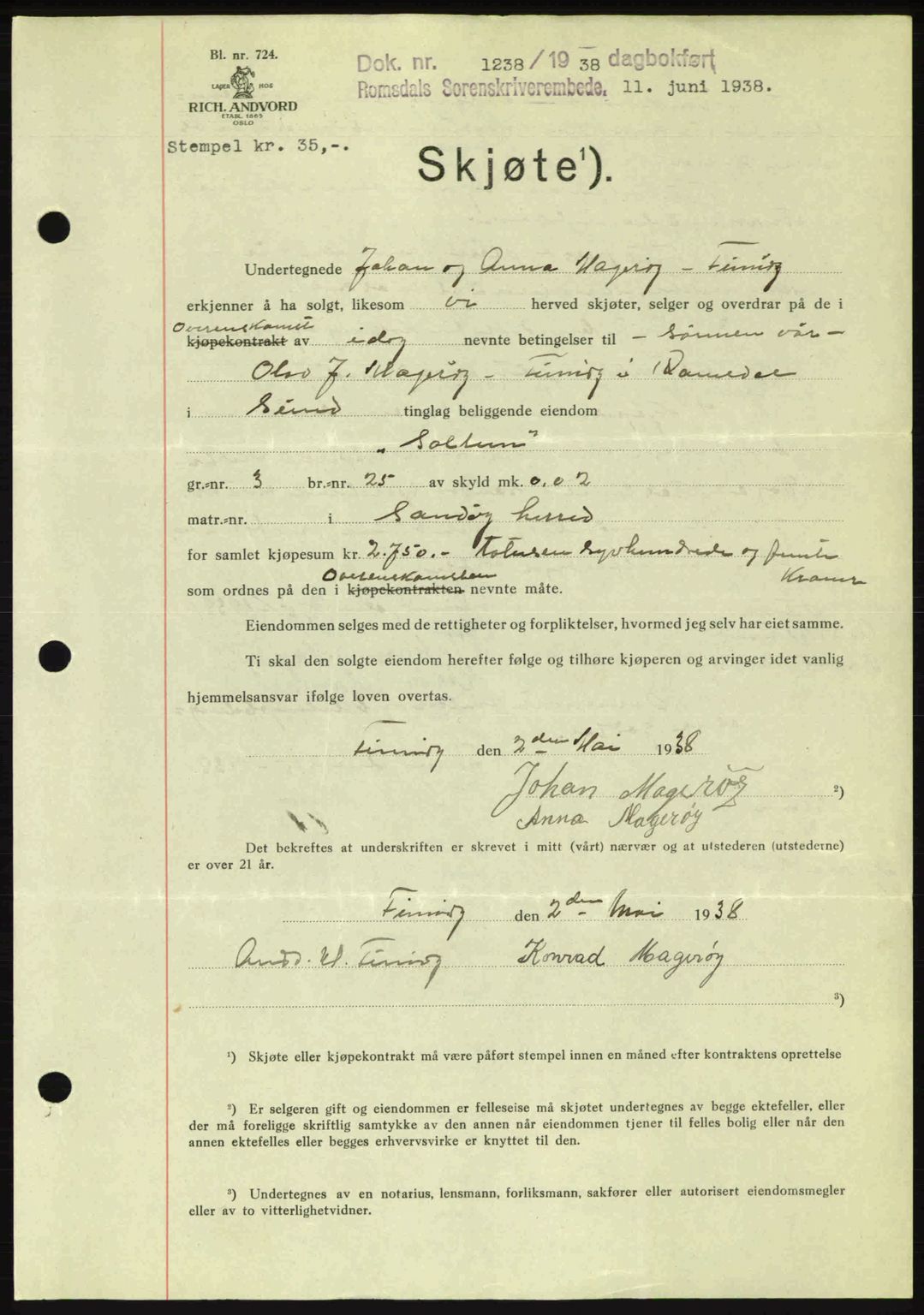Romsdal sorenskriveri, SAT/A-4149/1/2/2C: Pantebok nr. A5, 1938-1938, Dagboknr: 1238/1938
