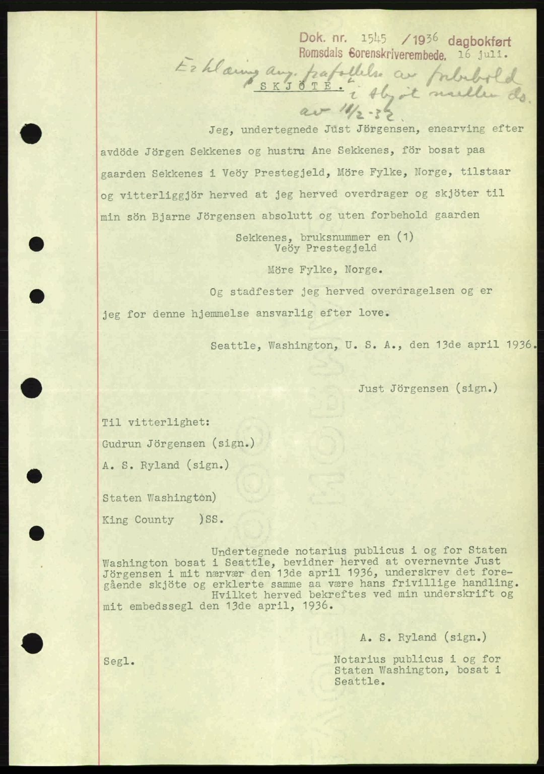 Romsdal sorenskriveri, AV/SAT-A-4149/1/2/2C: Pantebok nr. A1, 1936-1936, Dagboknr: 1545/1936