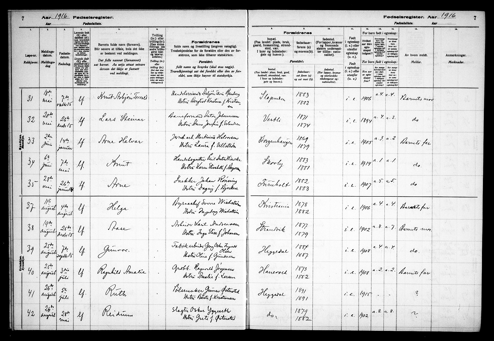 Asker prestekontor Kirkebøker, SAO/A-10256a/J/L0001: Fødselsregister nr. 1, 1916-1925, s. 7