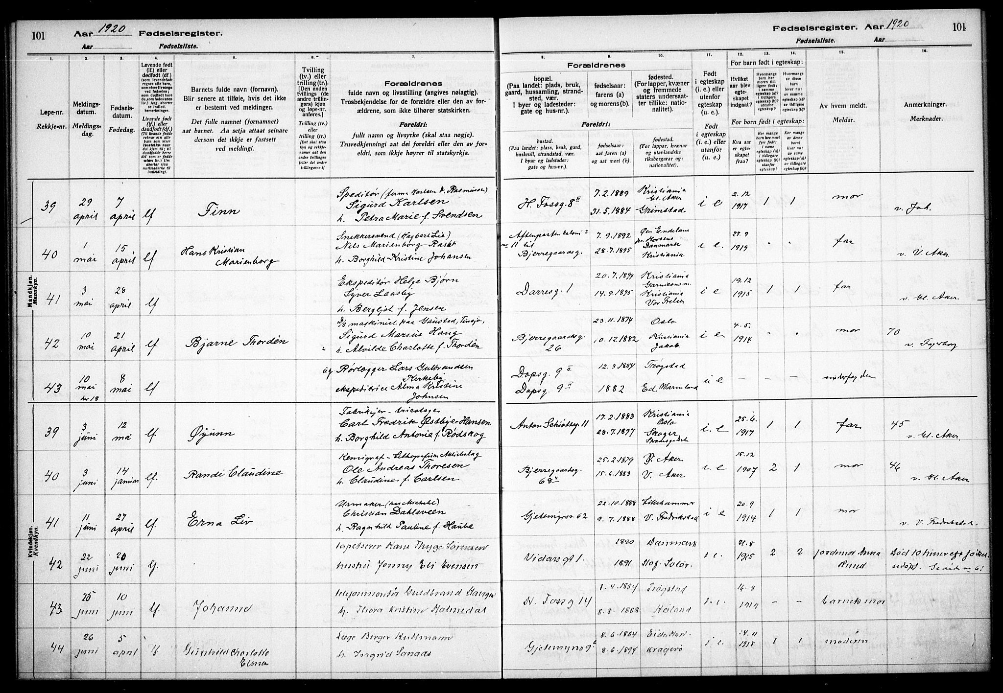 Gamle Aker prestekontor Kirkebøker, AV/SAO-A-10617a/J/L0001: Fødselsregister nr. 1, 1916-1927, s. 101