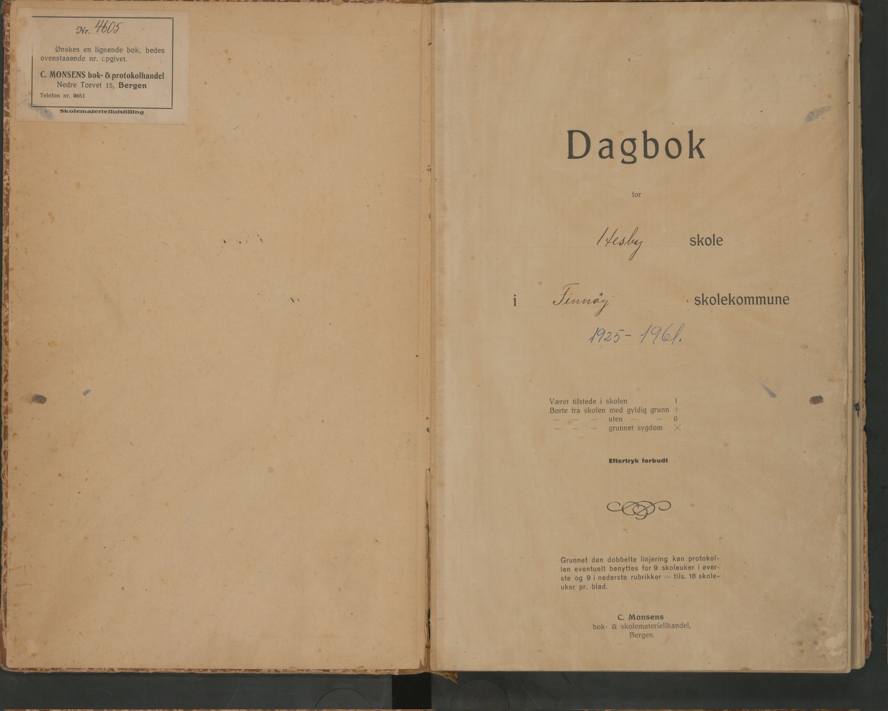 A-0854, Finnøy kommune. Hesby skole, BYST/A-0854/G/Ga/L0003: Dagbok, 1925-1961