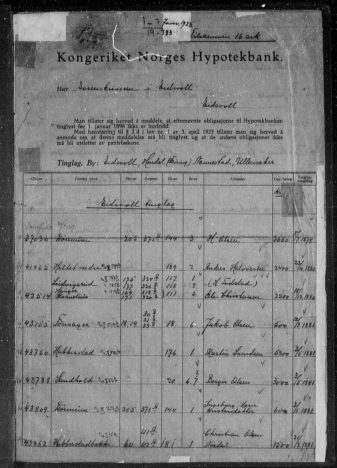 Eidsvoll tingrett, AV/SAO-A-10371/G/Gb/Gba/L0019x: Pantebok nr. 19, 1927