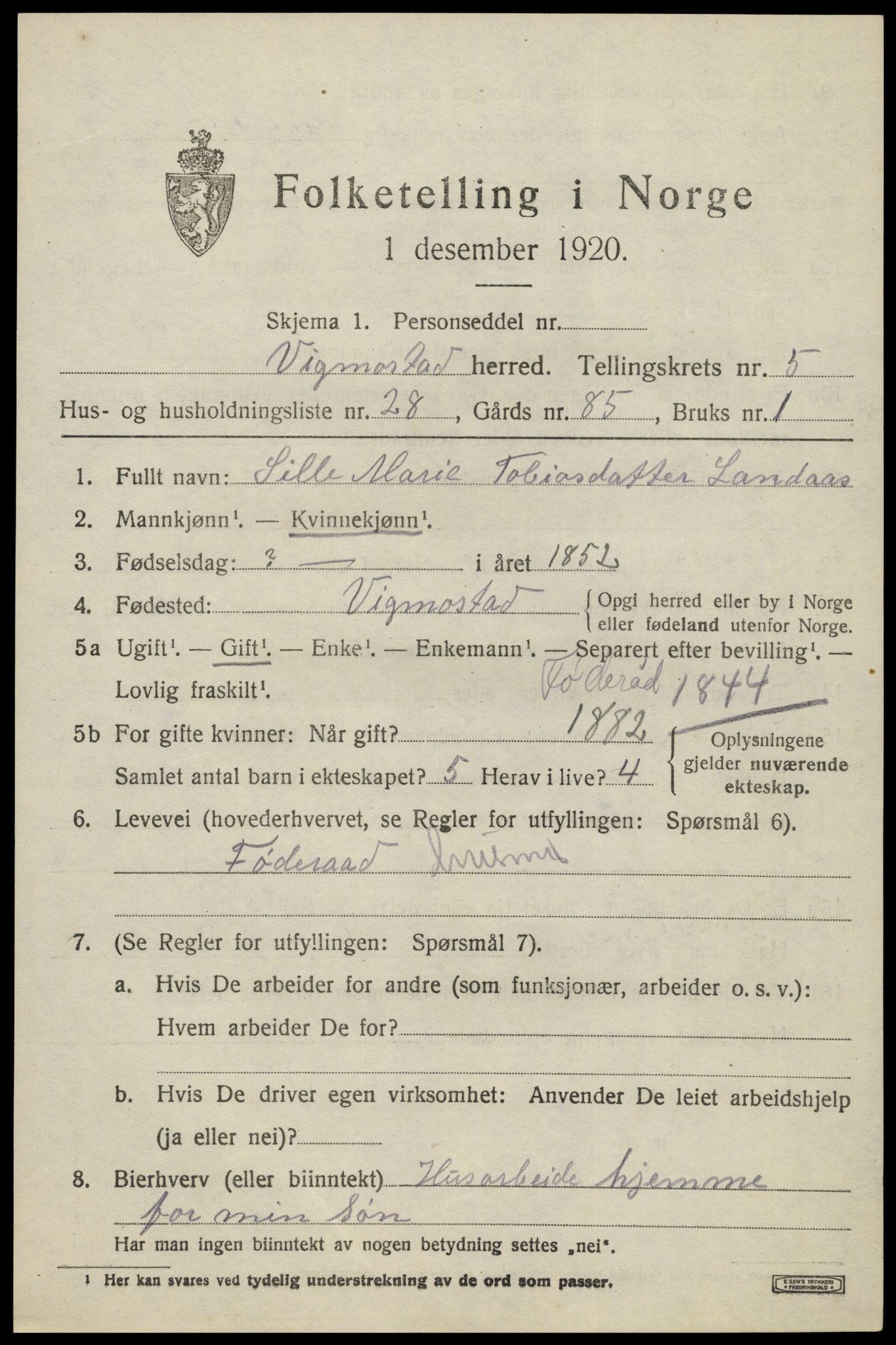 SAK, Folketelling 1920 for 1028 Vigmostad herred, 1920, s. 1931