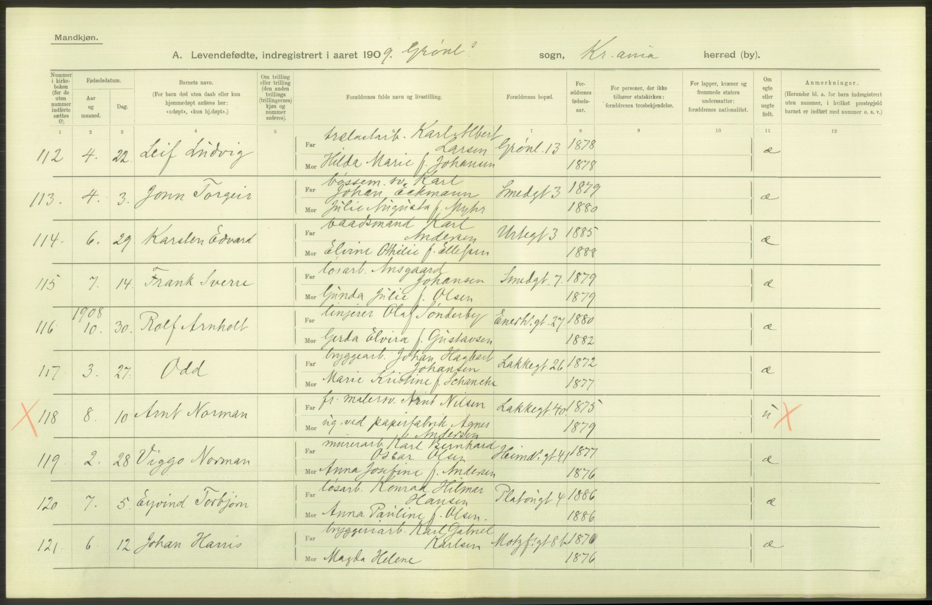 Statistisk sentralbyrå, Sosiodemografiske emner, Befolkning, AV/RA-S-2228/D/Df/Dfa/Dfag/L0007: Kristiania: Levendefødte menn og kvinner., 1909, s. 232