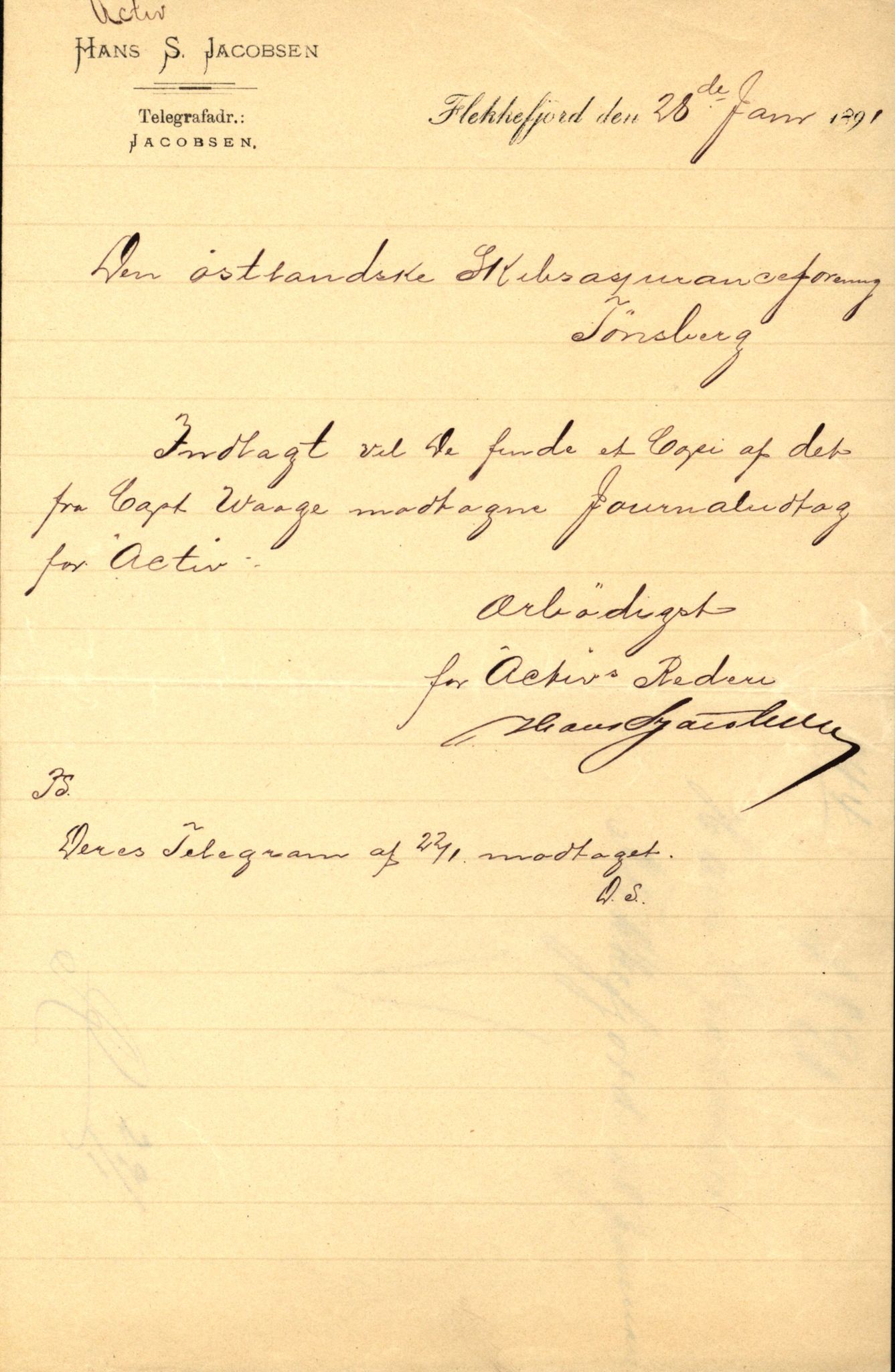 Pa 63 - Østlandske skibsassuranceforening, VEMU/A-1079/G/Ga/L0027/0001: Havaridokumenter / Magnolia, Kong Carl, Louise, Lindsay, Activ av Flekkefjord, 1891, s. 80