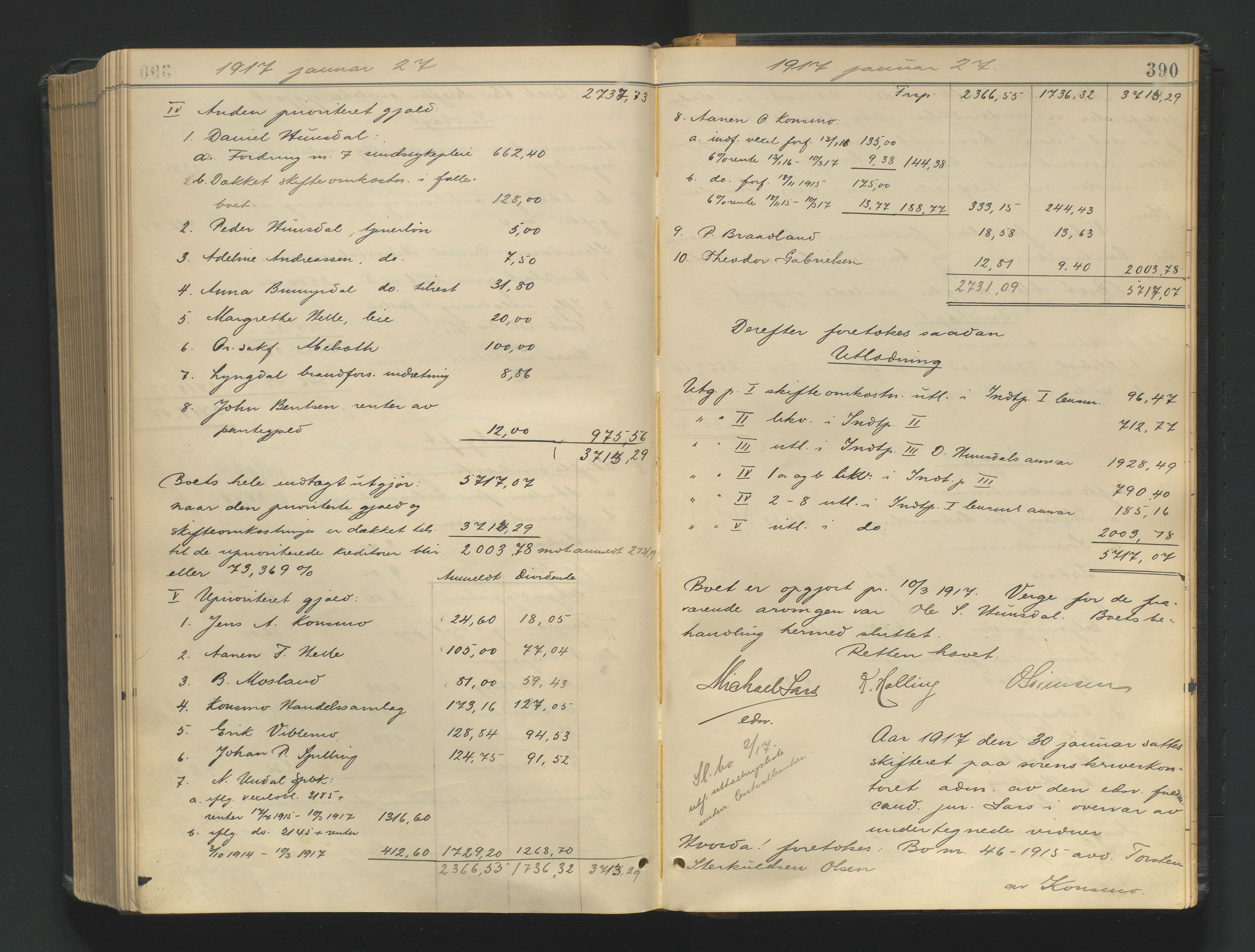 Mandal sorenskriveri, SAK/1221-0005/001/H/Hc/L0098: Skifteutlodningsprotokoll nr 7, 1910-1917, s. 390