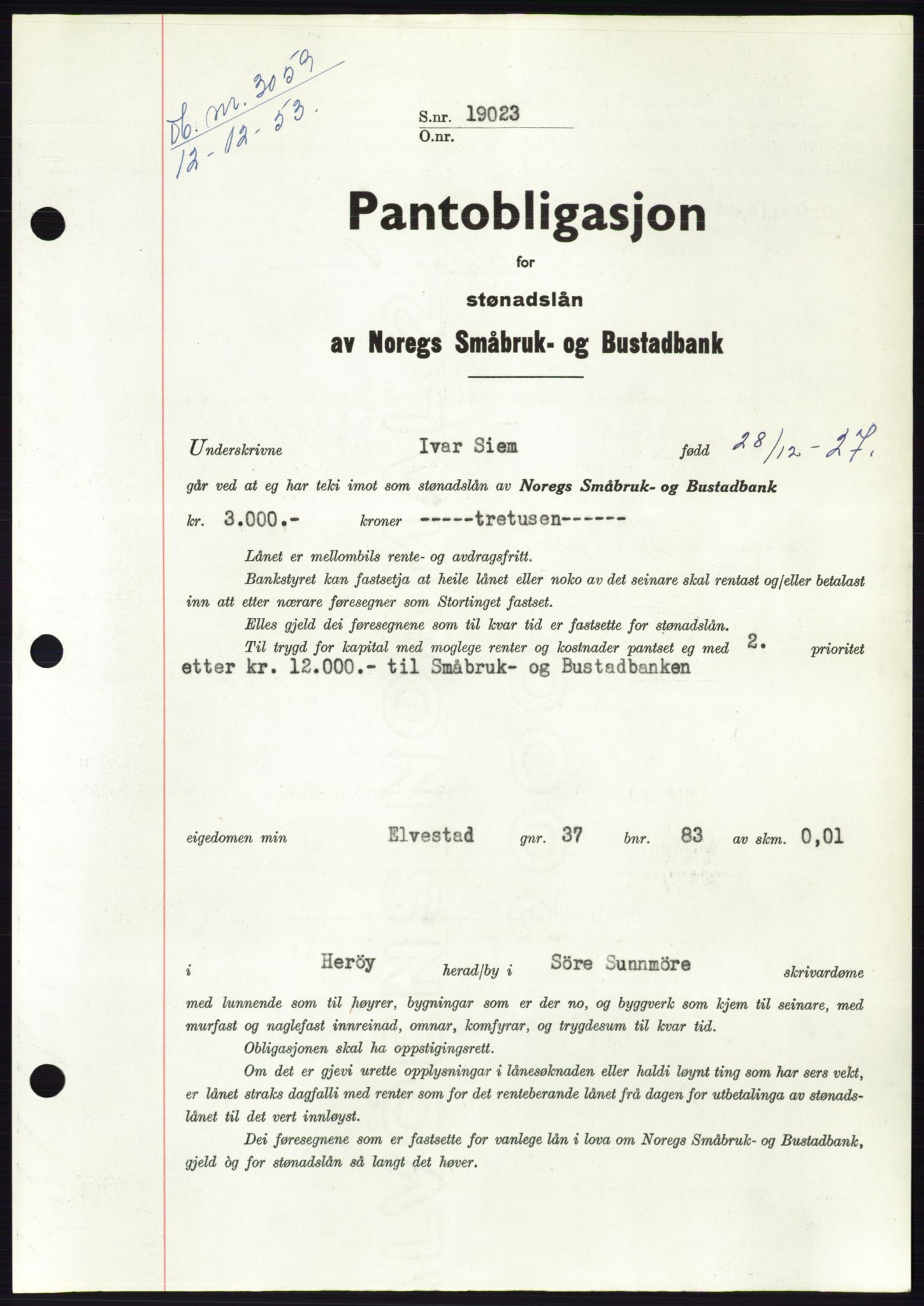 Søre Sunnmøre sorenskriveri, SAT/A-4122/1/2/2C/L0124: Pantebok nr. 12B, 1953-1954, Dagboknr: 3059/1953