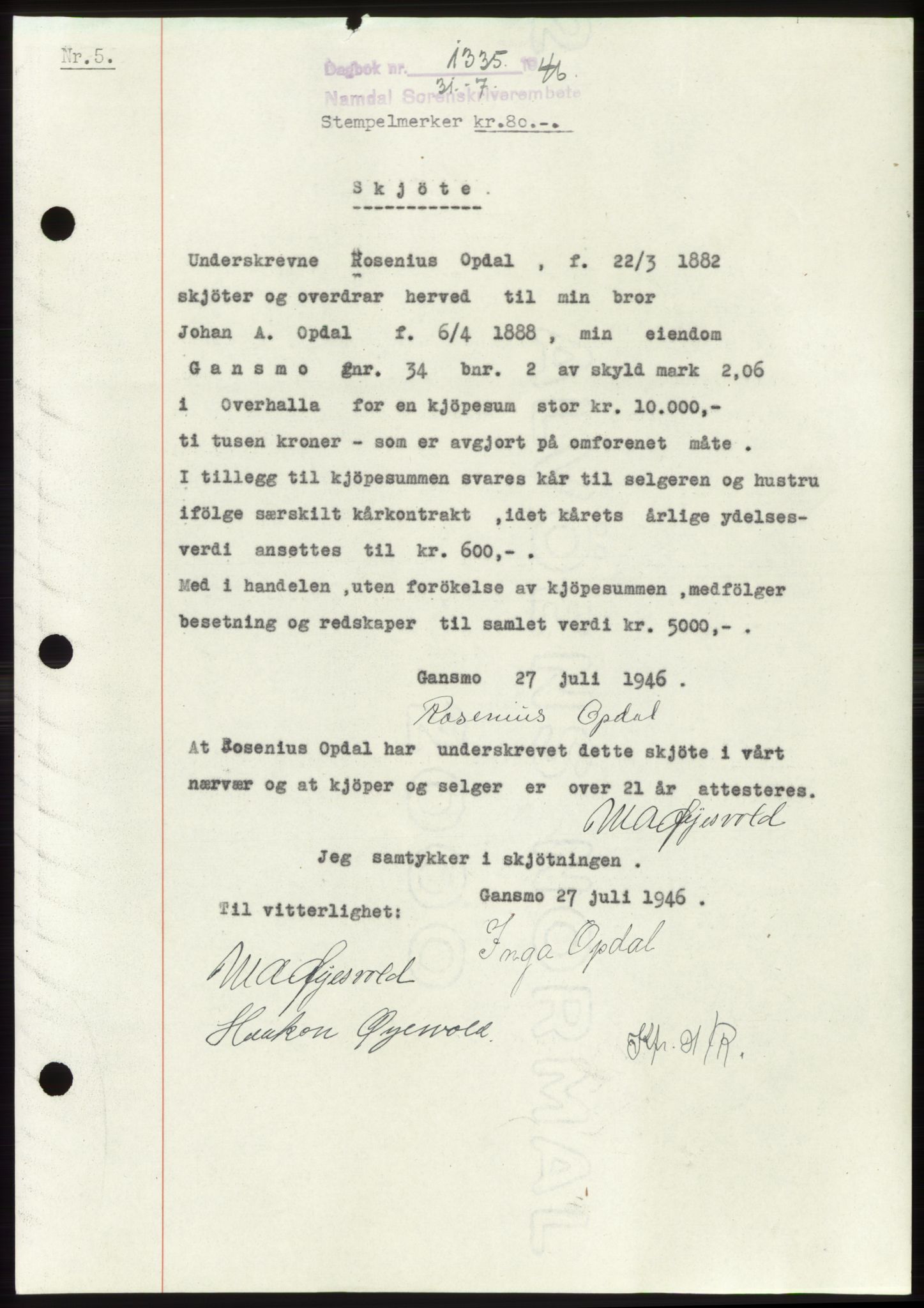 Namdal sorenskriveri, SAT/A-4133/1/2/2C: Pantebok nr. -, 1946-1946, Dagboknr: 1335/1946